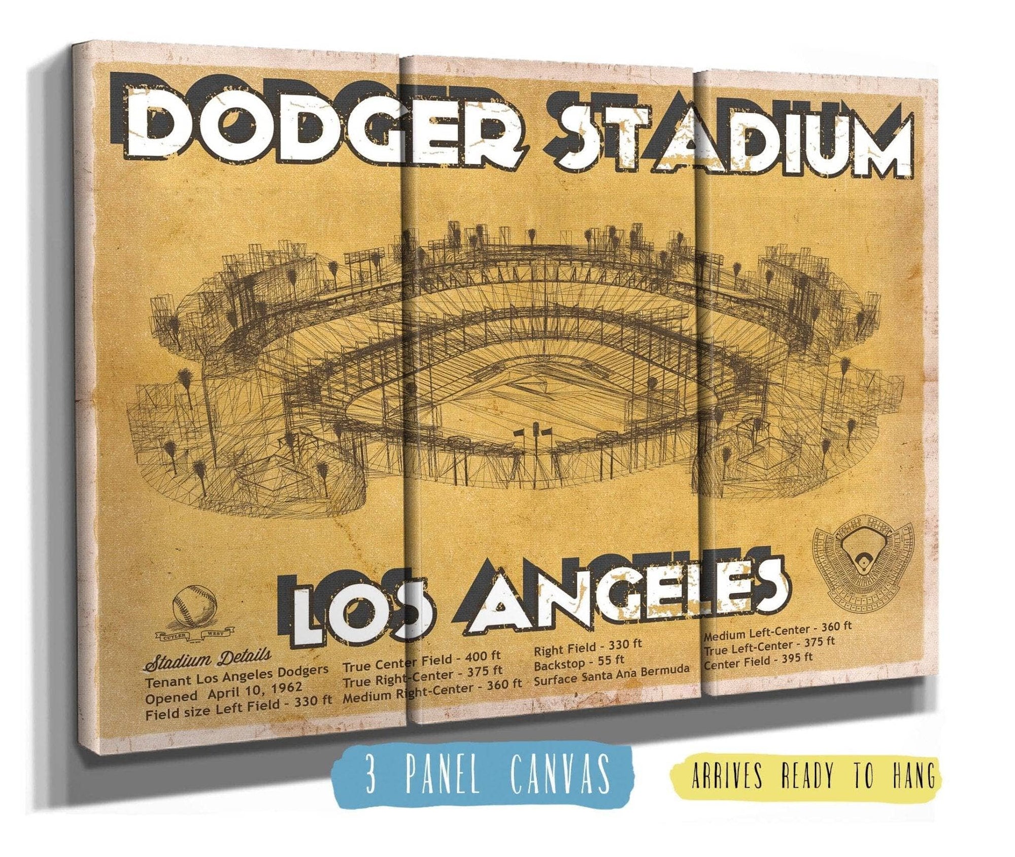 Cutler West Baseball Collection 48" x 32" / 3 Panel Canvas Wrap Vintage LA Dodgers Stadium Blueprint Baseball Print - Vintage Brown Edition 716400189-48"-x-32"58159