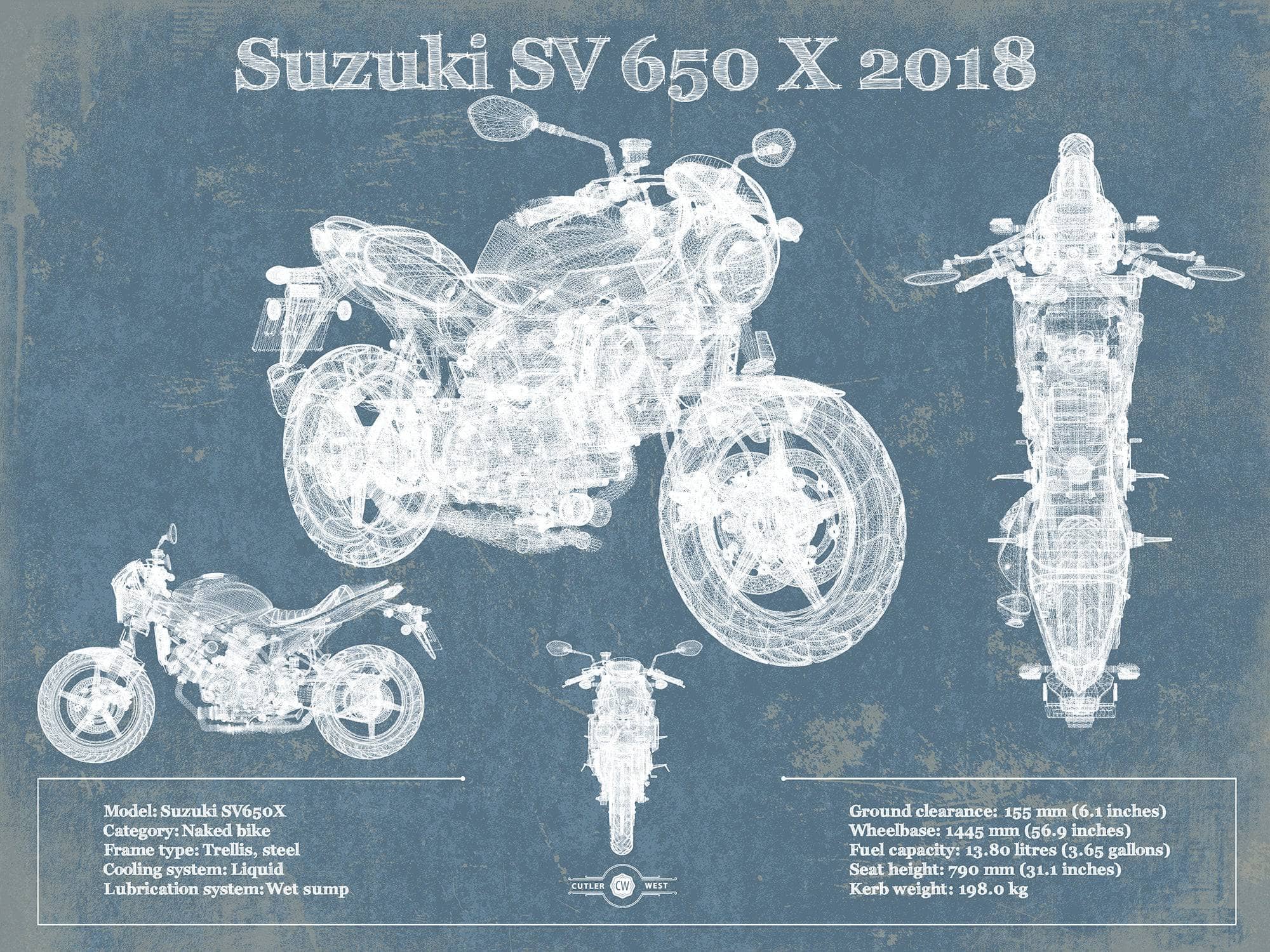 Cutler West 14" x 11" / Unframed Suzuki SV 650 X 2018 Blueprint Motorcycle Patent Print 845000300_29994