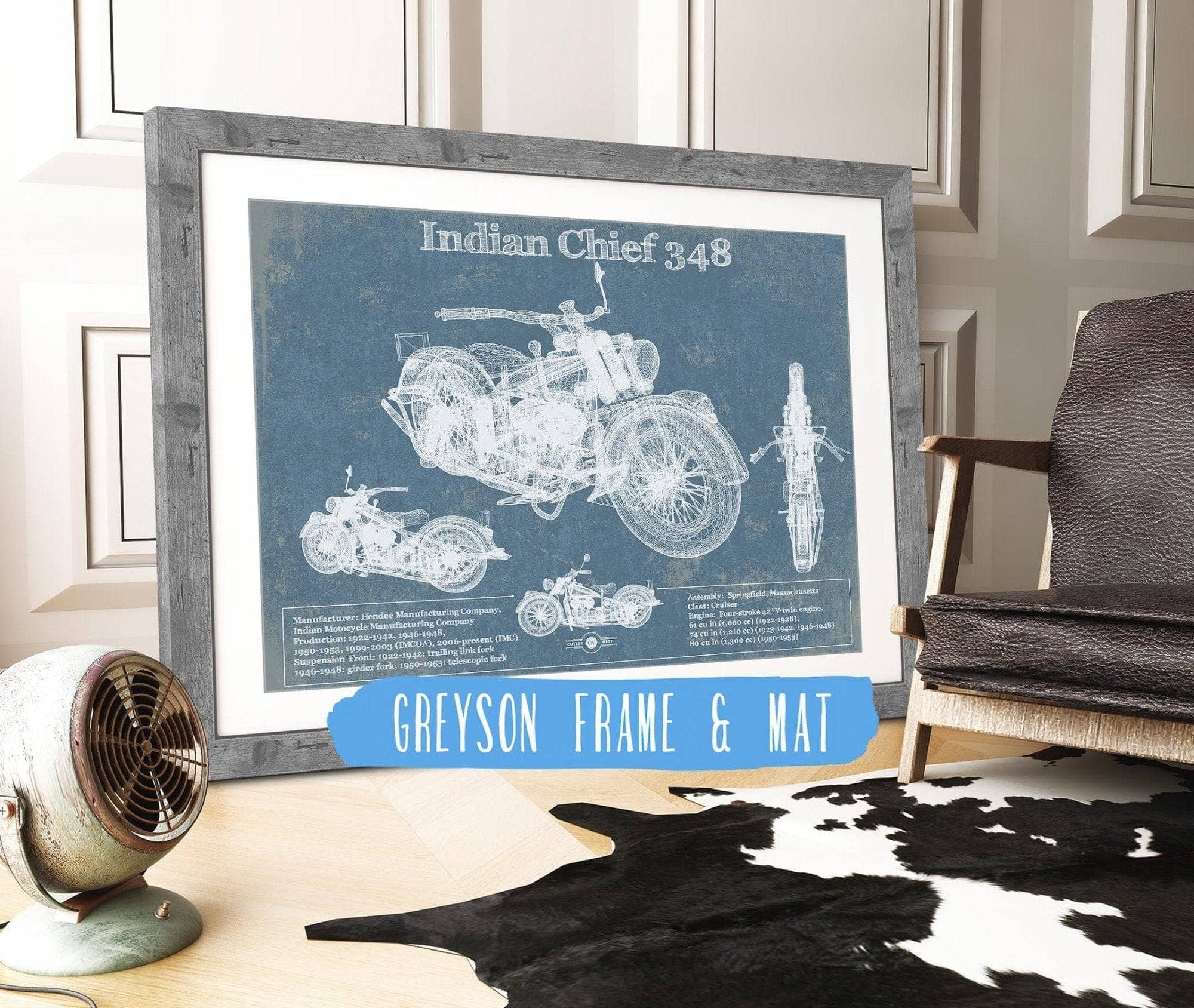 Cutler West 14" x 11" / Greyson Frame & Mat Indian Chief 348 Vintage Original Motorcycle Blueprint 835000022_59371