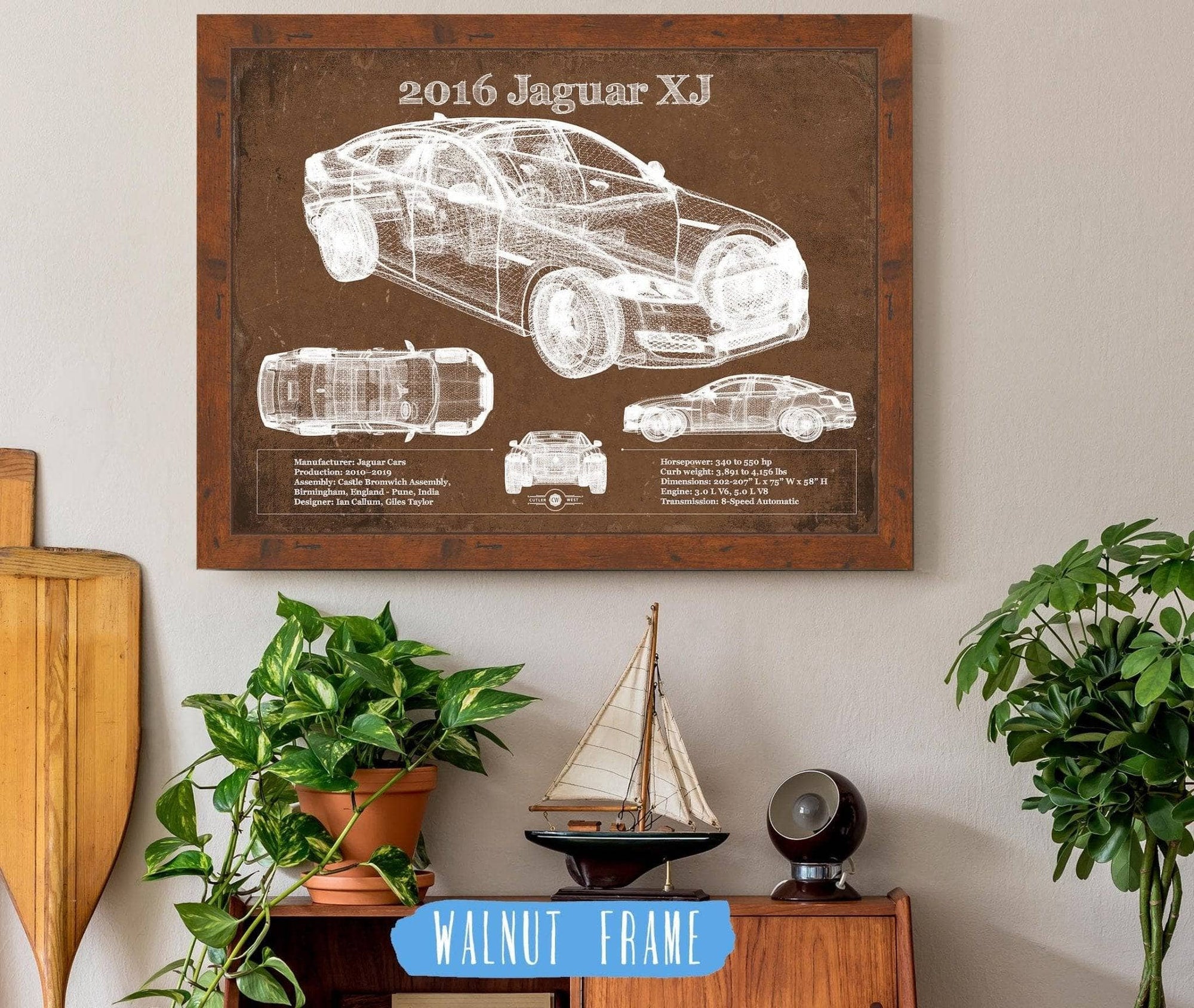 Cutler West Jaguar Collection 14" x 11" / Walnut Frame 2016 Jaguar XJ Car Original Blueprint Art 933311141_37982