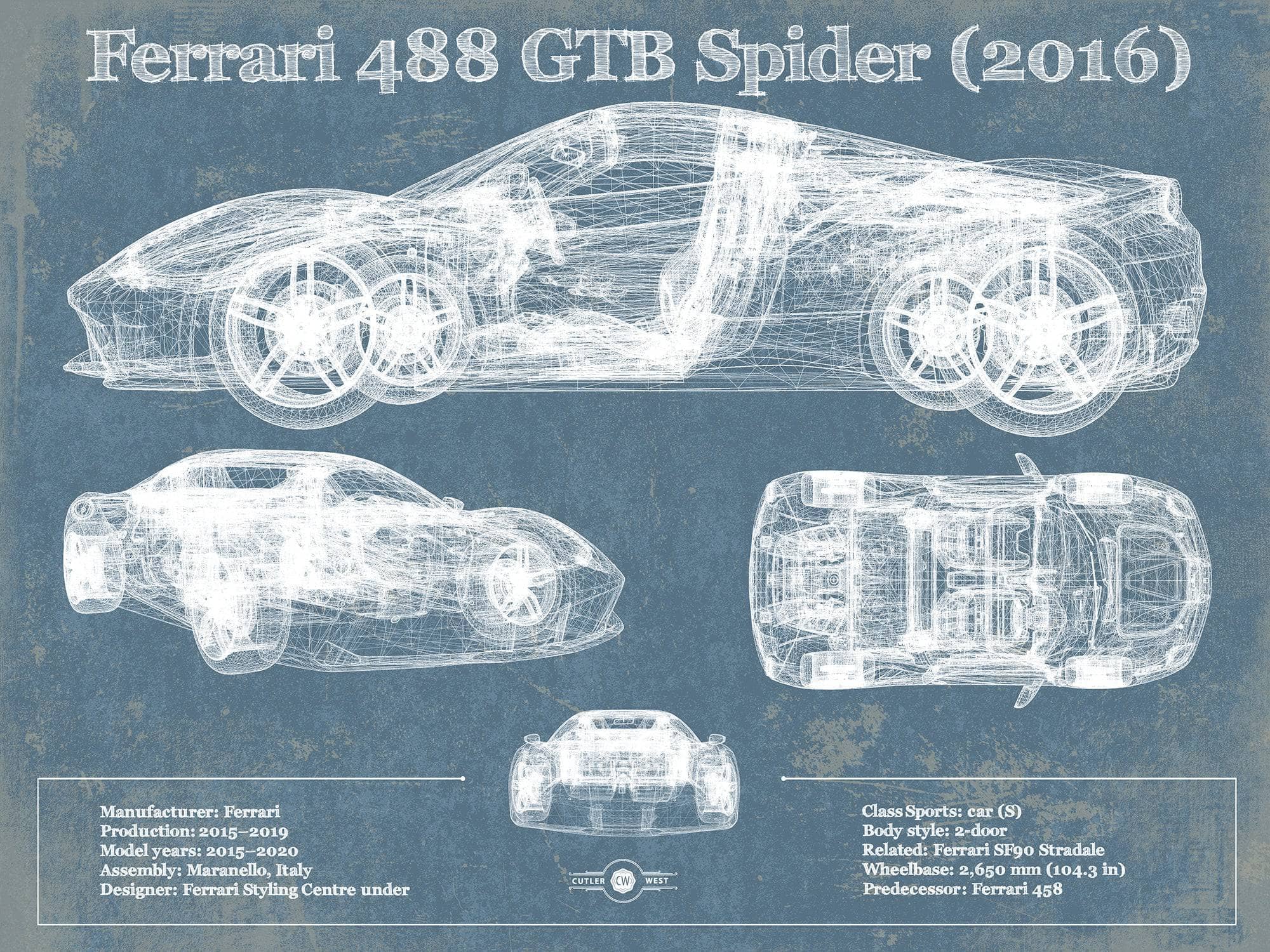 Cutler West Ferrari Collection 14" x 11" / Unframed Ferrari 488 GTB Spider (2016) Blueprint Vintage Auto Print 833110064_61607