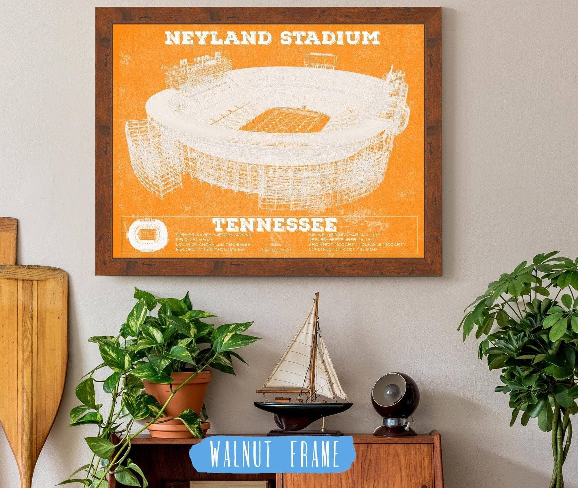 Cutler West College Football Collection 14" x 11" / Walnut Frame Vintage Tennessee Volunteers Neyland Stadium Blueprint Team Color Wall Art 758746782-14"-x-11"27175