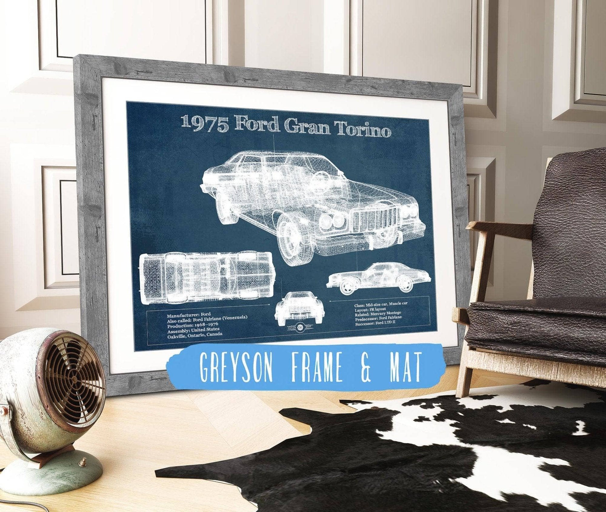 Cutler West Ford Collection 14" x 11" / Greyson Frame & Mat Ford Gran Torino 1975 Blueprint Vintage Auto Print 933350038_41551