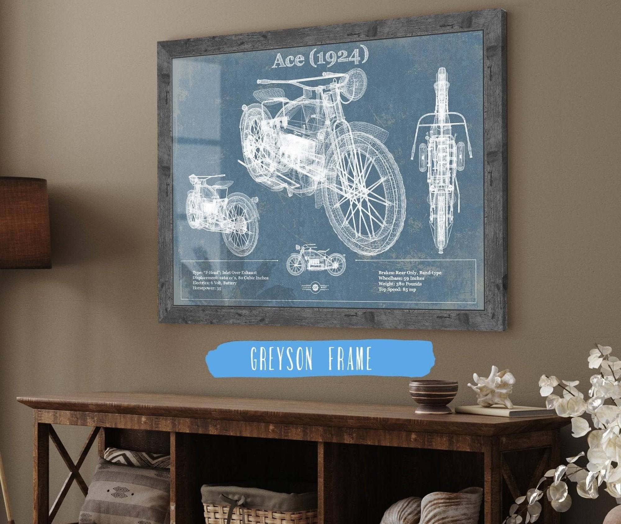 Cutler West Vehicle Collection 14" x 11" / Greyson Frame Ace (1924) Blueprint Motorcycle Patent Print 833110074_38910
