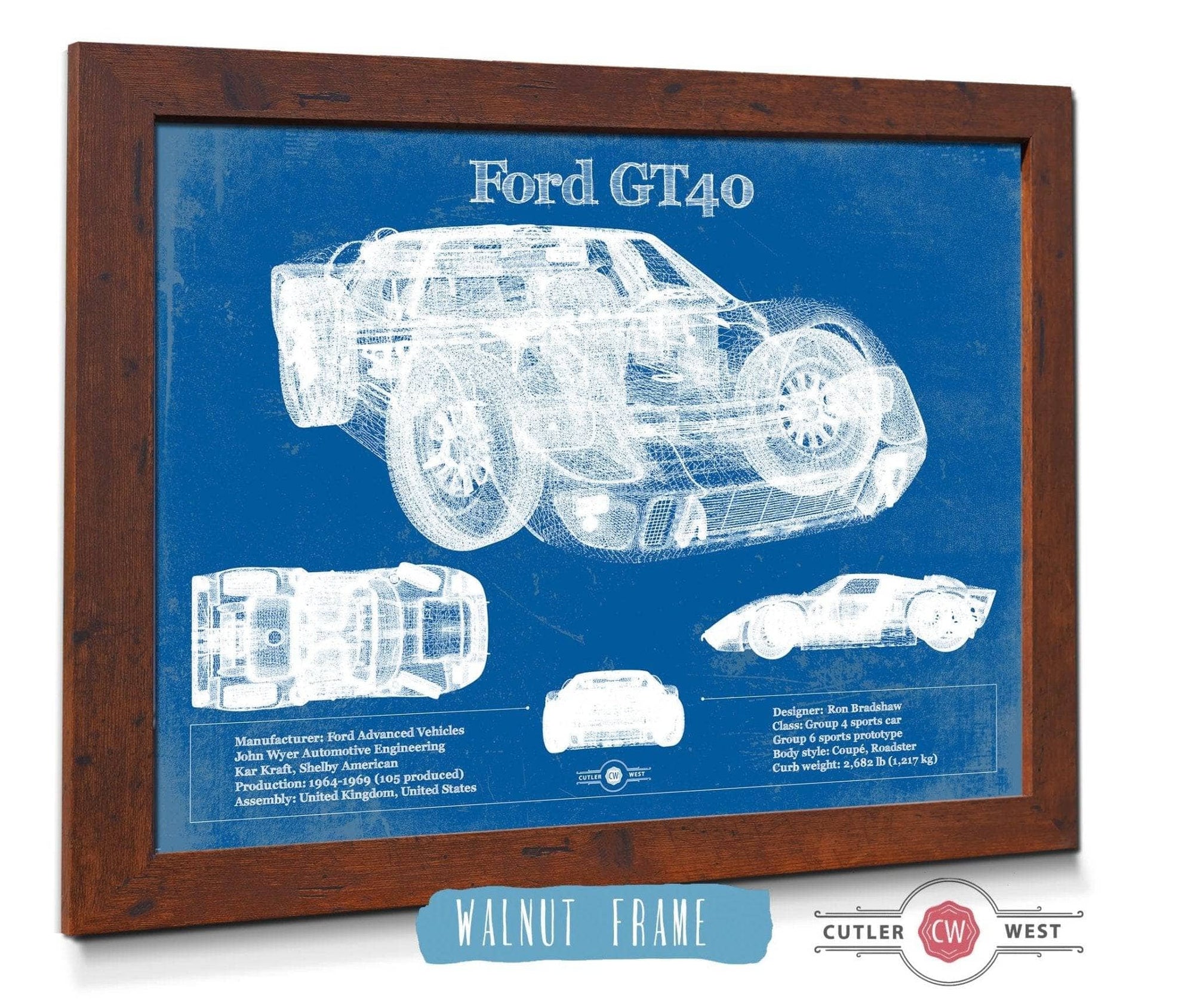 Cutler West Ford Collection 14" x 11" / Walnut Frame Ford GT40 Blueprint Vintage Auto Print 933350036_18067