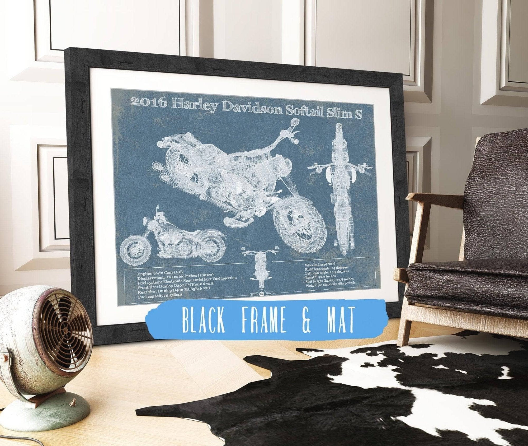 Cutler West 14" x 11" / Black Frame & Mat Harley-Davidson Softail Slim S Motorcycle Patent Print 933311091