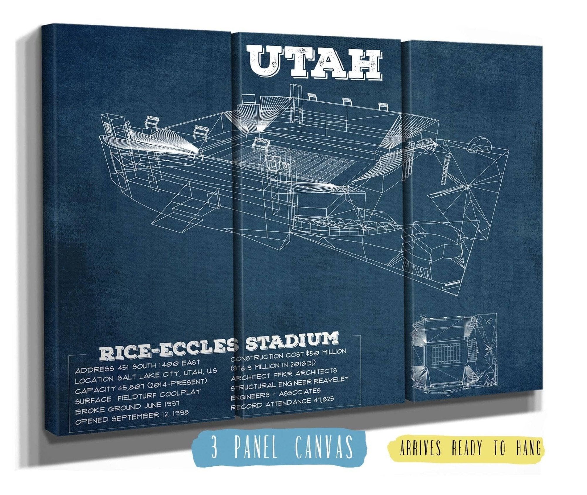 Cutler West College Football Collection 48" x 32" / 3 Panel Canvas Wrap Utah Utes Wall Art - Vintage Rice–Eccles StadiumBlueprint Art Print 750783423_5655