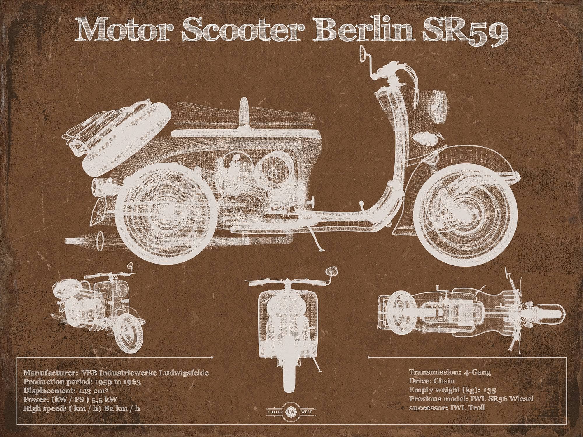 Cutler West 14" x 11" / Unframed Motor Scooter IWL Berlin SR59 Vintage Blueprint Motorcycle Print 933350047_15896