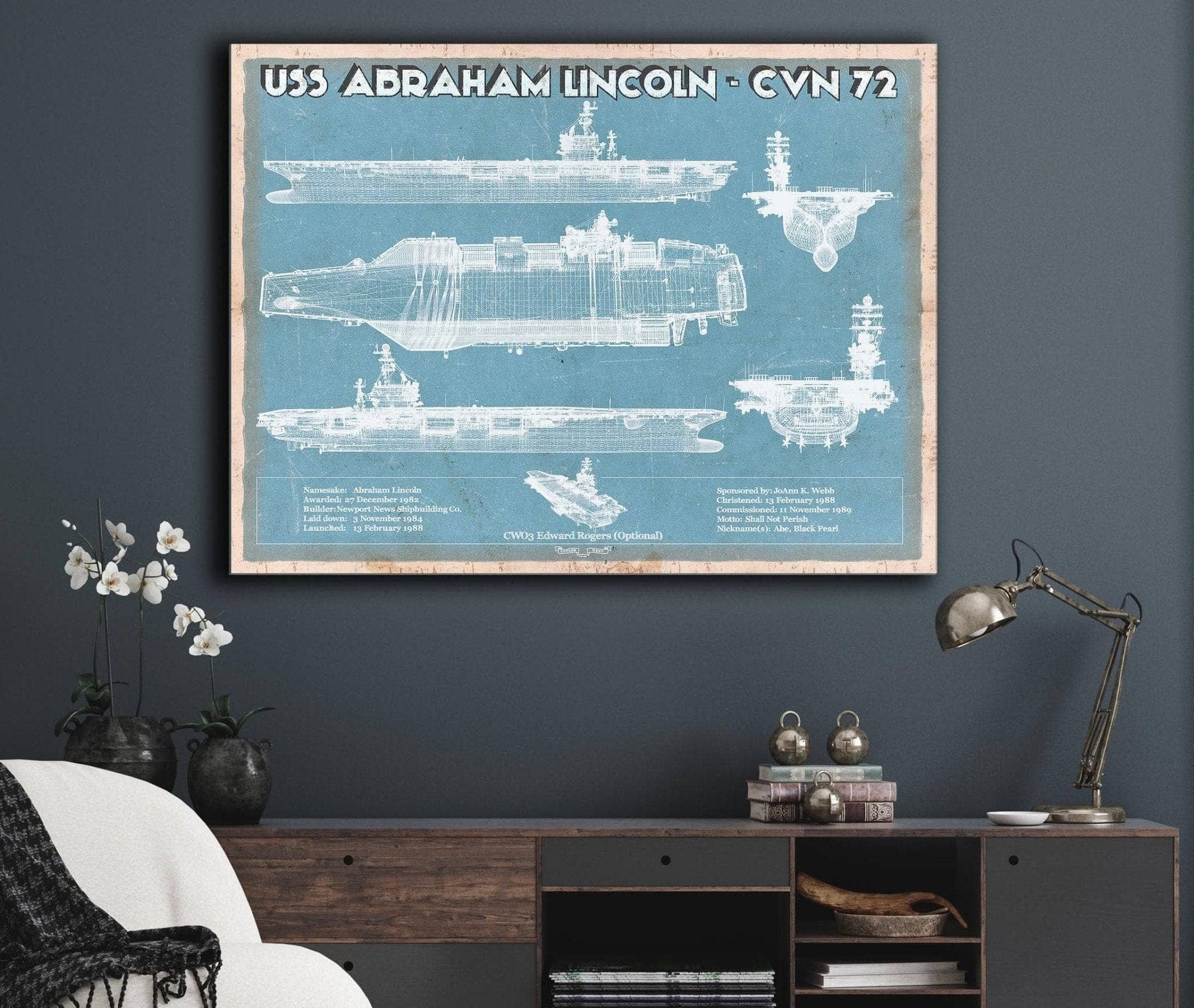 Cutler West Naval Military USS Abraham Lincoln (CVN 72) Aircraft Carrier Blueprint Original Military Wall Art - Customizable
