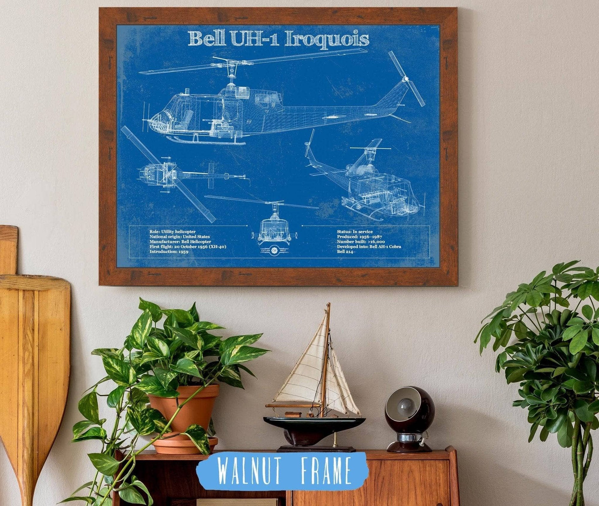 Cutler West Military Aircraft 14" x 11" / Walnut Frame Bell UH-1 Iroquois (Huey) Vintage Blueprint Helicopter Print 833110167_35342