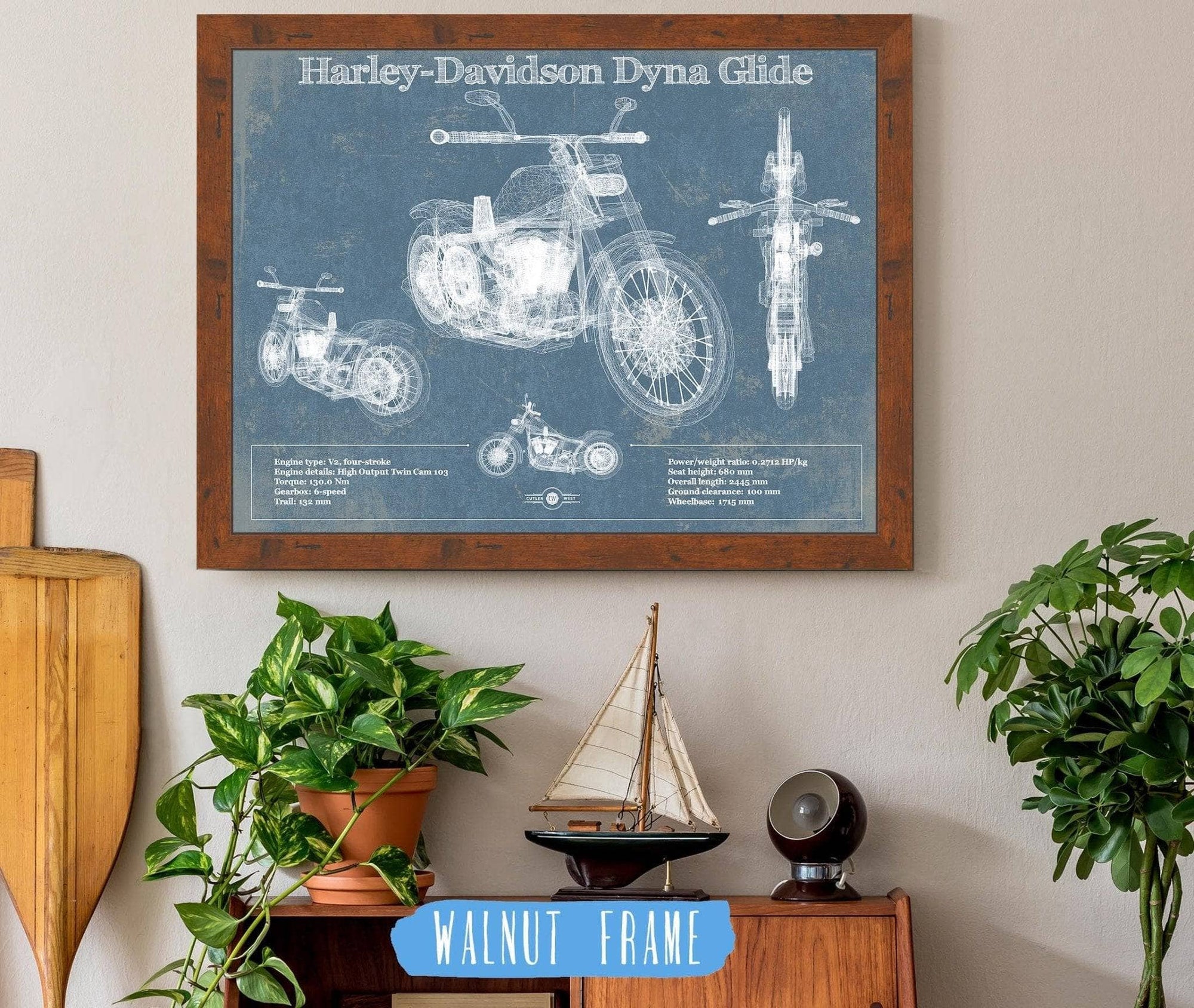 Cutler West 14" x 11" / Walnut Frame Harley-Davidson Dyna Glide Blueprint Motorcycle Patent Print 833110056_14315