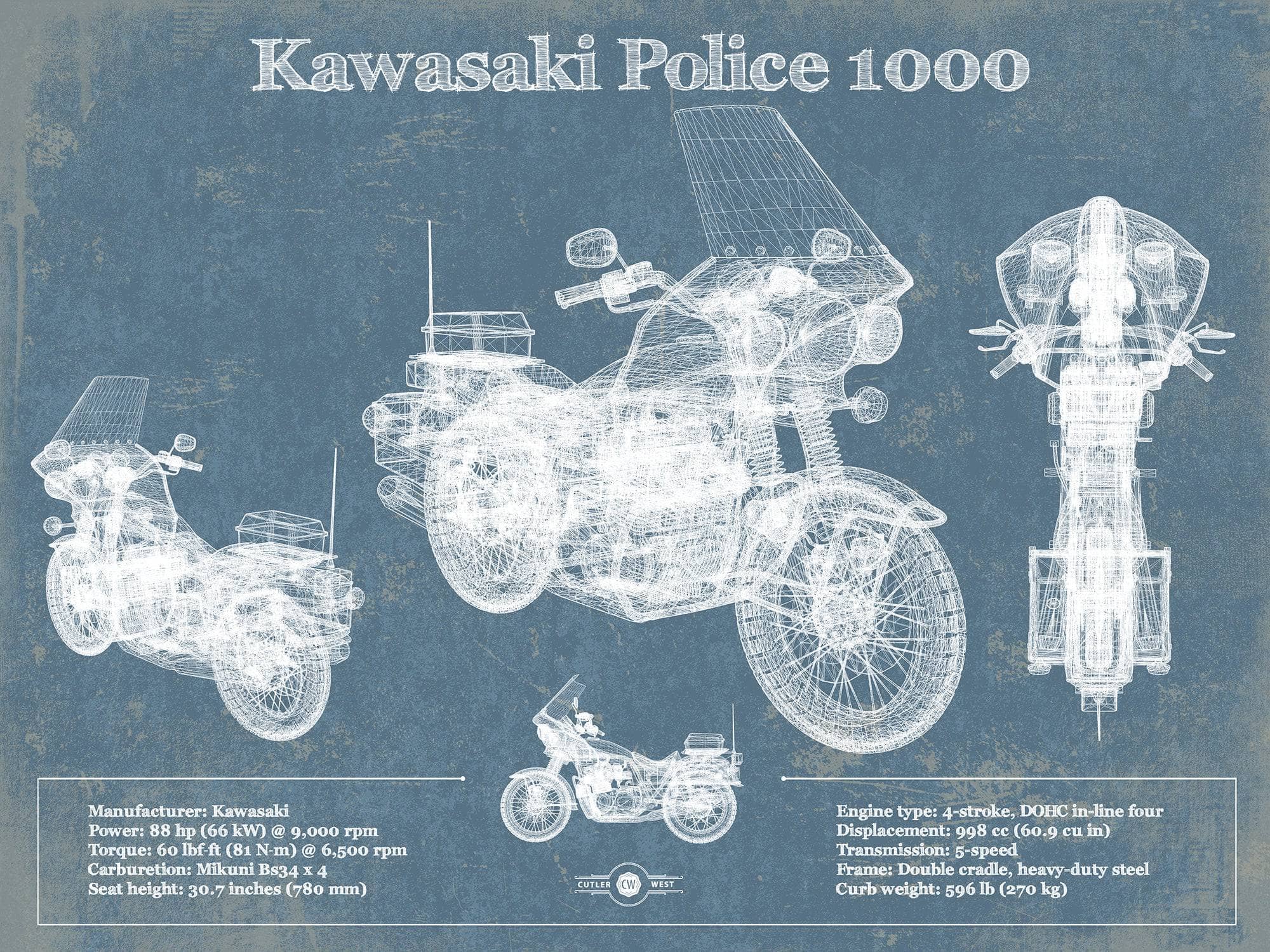 Cutler West 14" x 11" / Unframed Kawasaki Police 1000 Vintage Blueprint Motorcycle Patent Print 833110037_22420