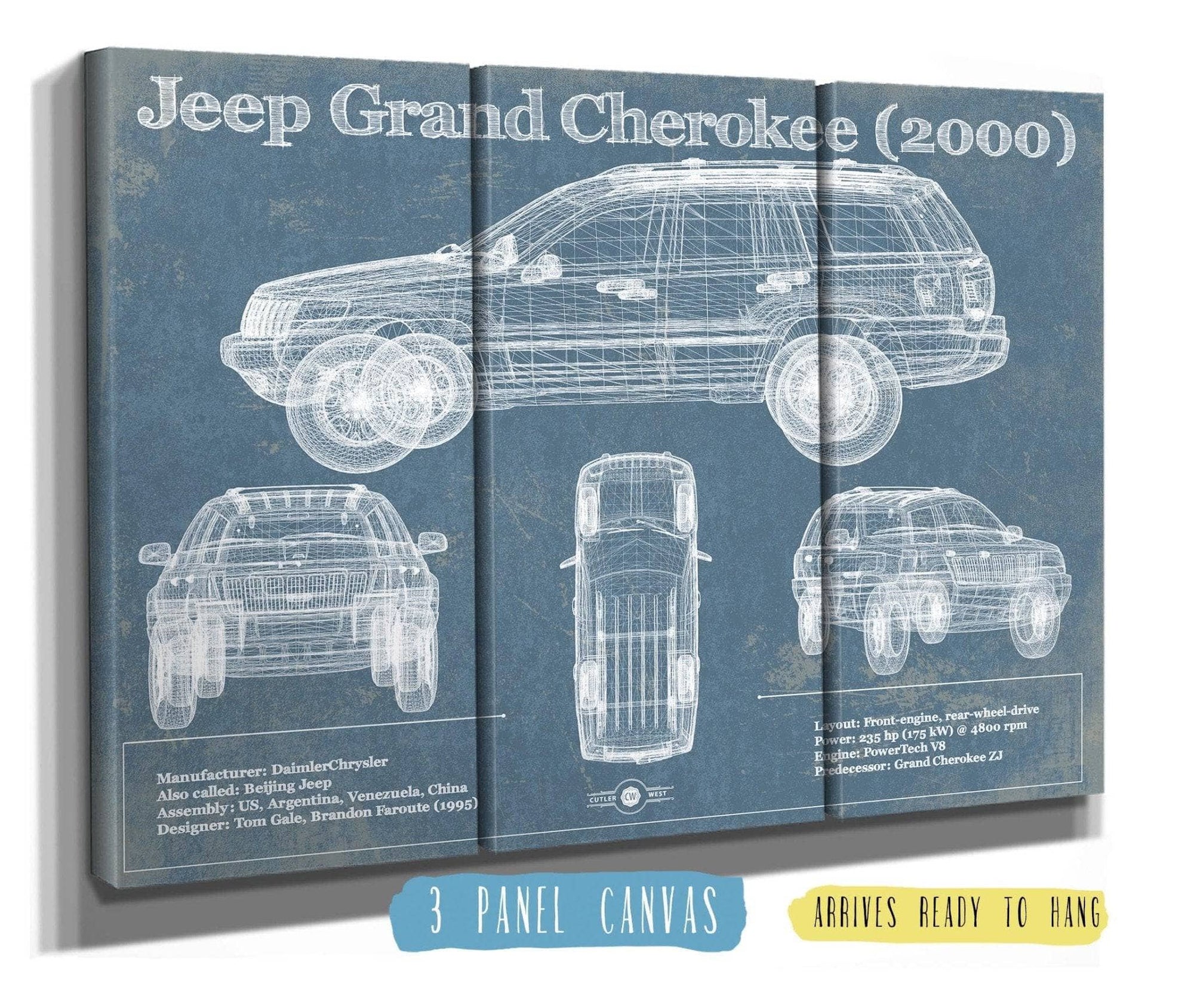 Cutler West Vehicle Collection Jeep Grand Cherokee 2000 Vintage Blueprint Auto Print