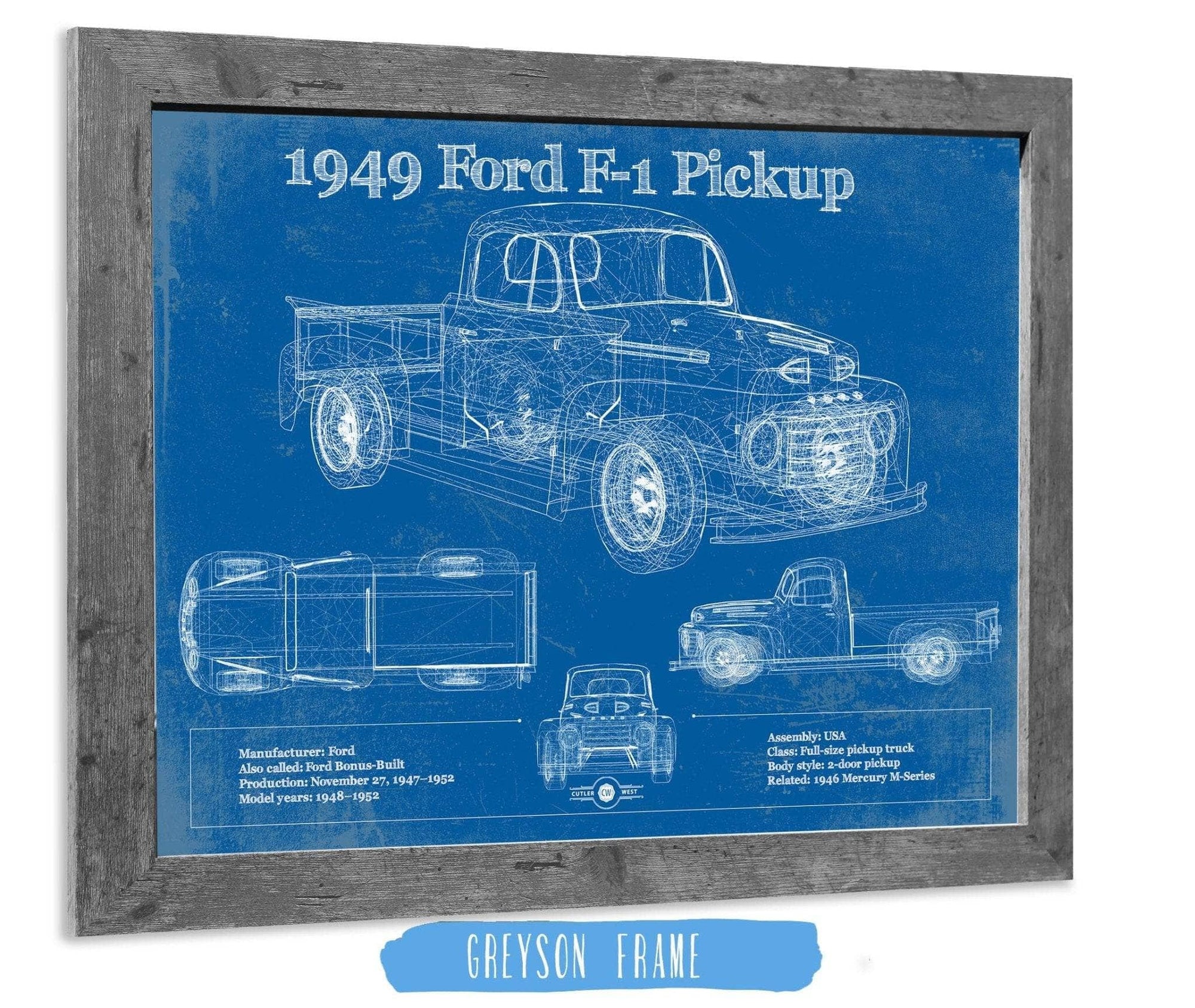 Cutler West Ford Collection 14" x 11" / Greyson Frame 1949 Ford F-1 Pickup Vintage Blueprint Auto Print 933311019_34356