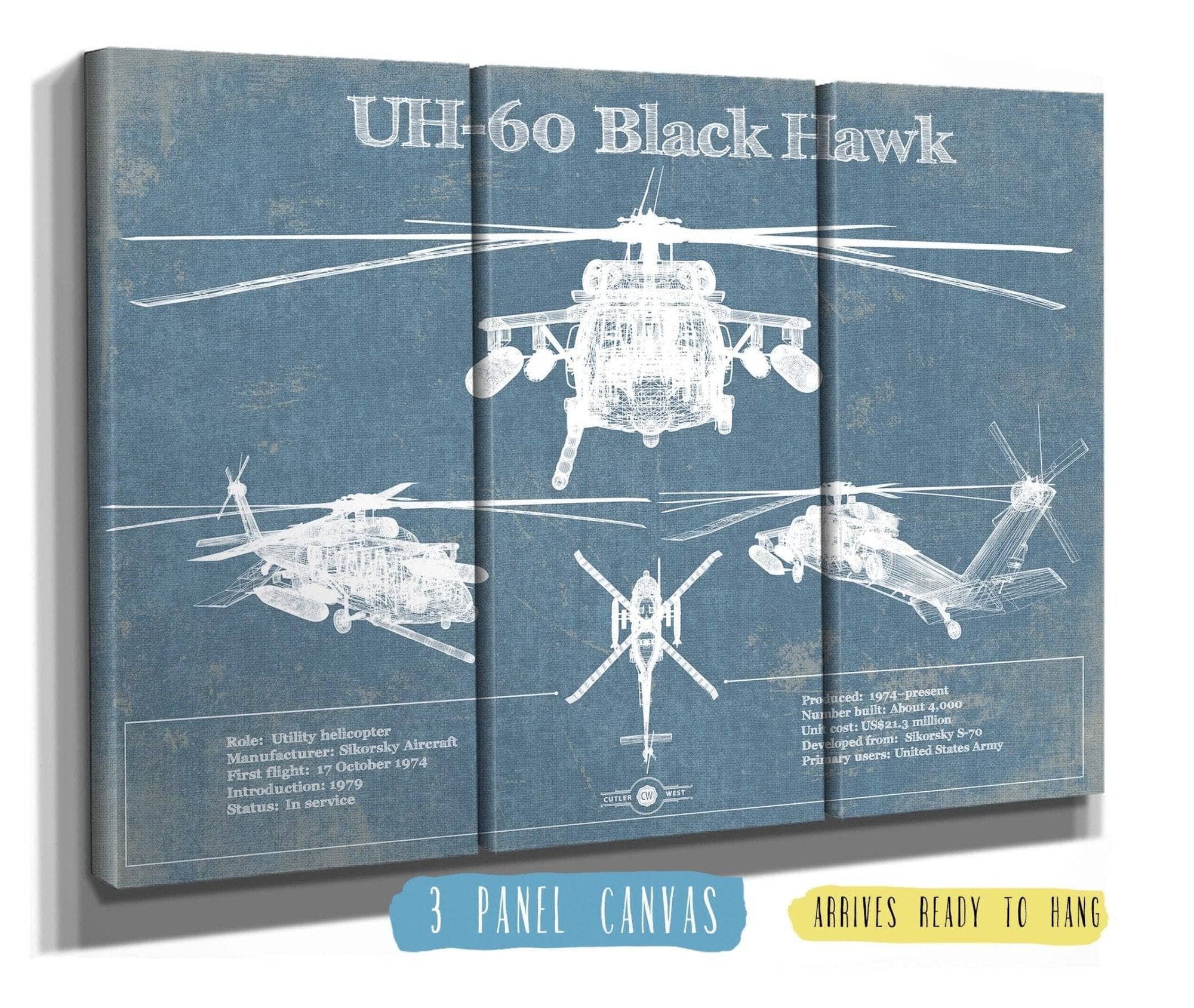 Cutler West Military Aircraft 48" x 32" / 3 Panel Canvas Wrap UH-60 Blackhawk Helicopter Vintage Aviation Blueprint Military Print 783513666-TOP