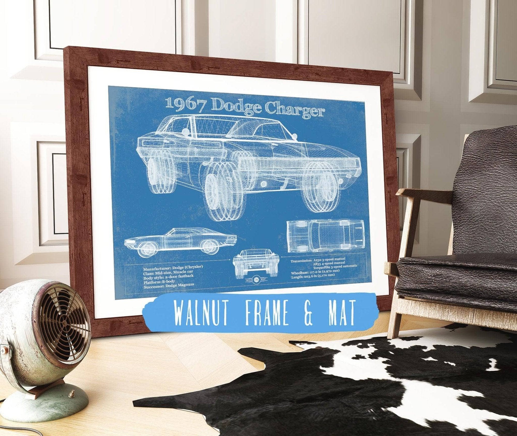 Cutler West Dodge Collection 14" x 11" / Walnut Frame & Mat 1967 Dodge Charger Vintage Blueprint Auto Print 933311063_32902