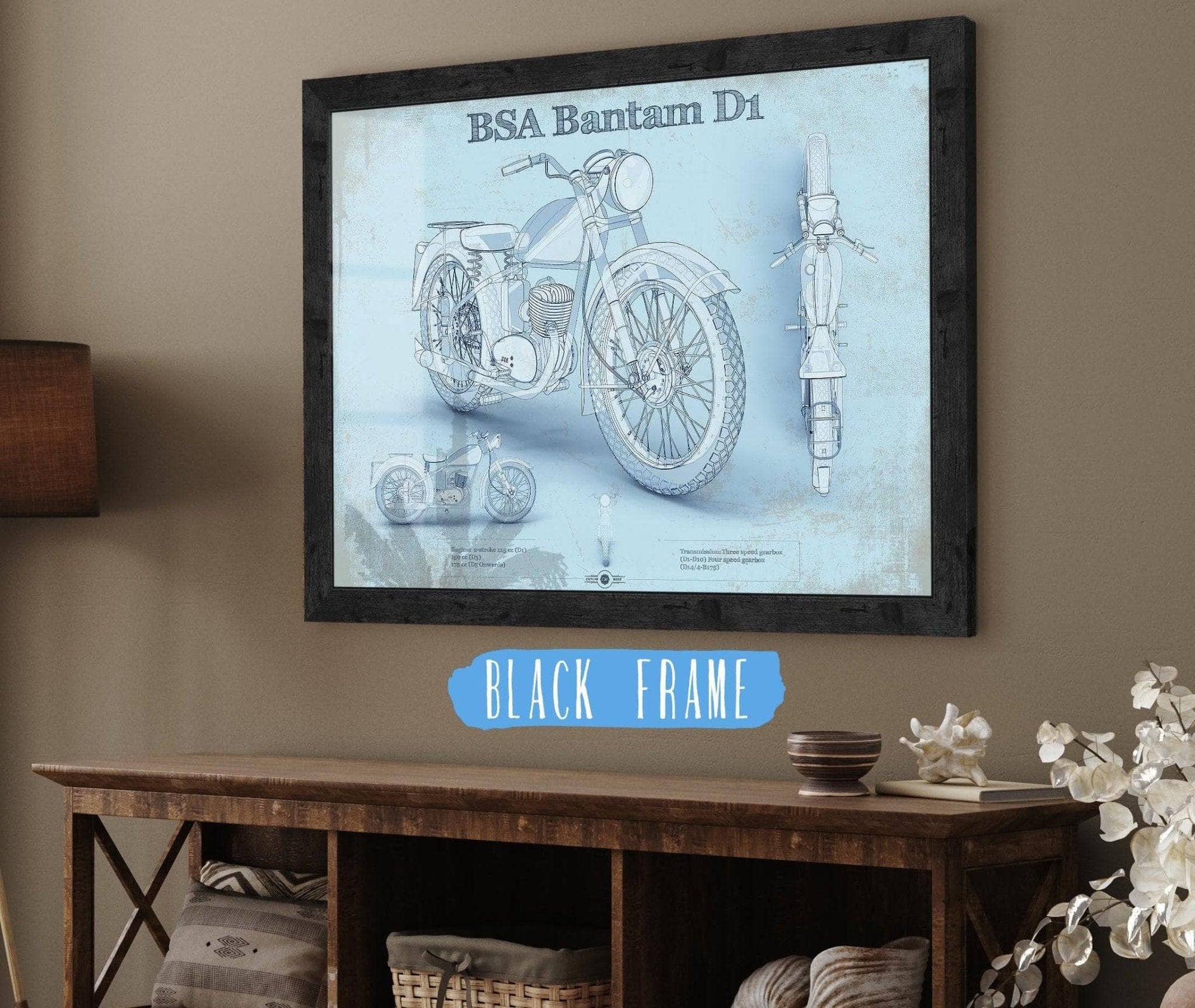 Cutler West 14" x 11" / Black Frame BSA Bantam D1 Blueprint Motorcycle Patent Print 833110063_46362