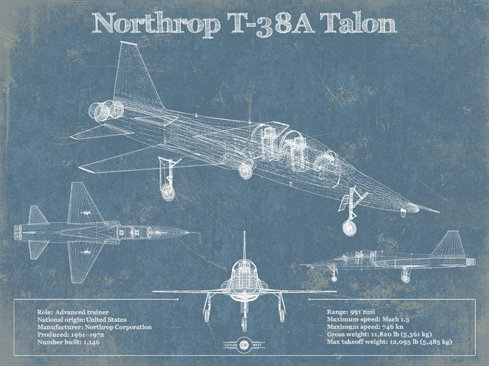 Cutler West Military Aircraft 14" x 11" / Unframed Northrop T-38A Talon Patent Blueprint Original Military Wall Art 933311089_14972