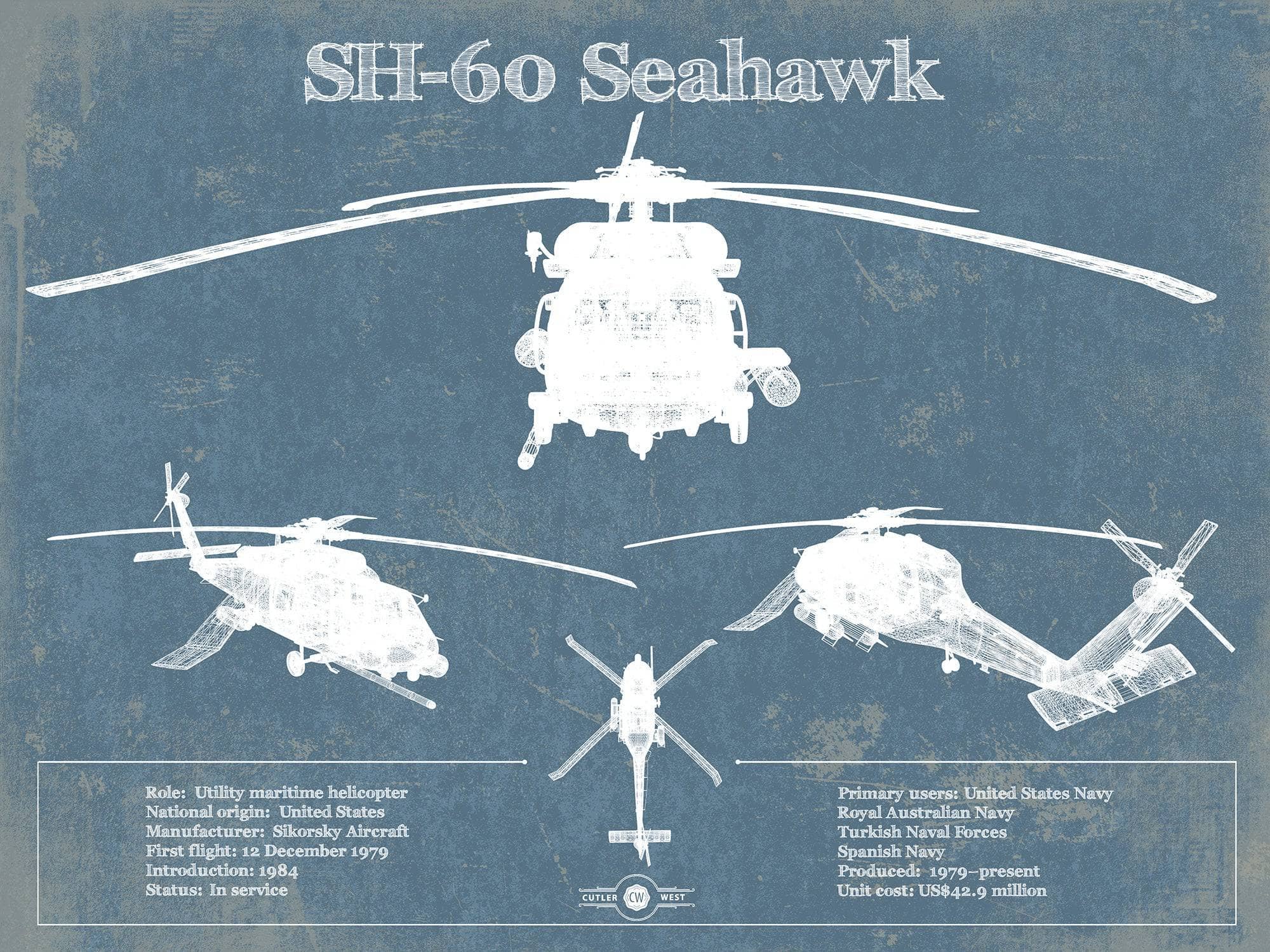 Cutler West Military Aircraft 14" x 11" / Unframed SH-60/MH-60 Seahawk Helicopter Vintage Aviation Blueprint Military Print 833447904_25060