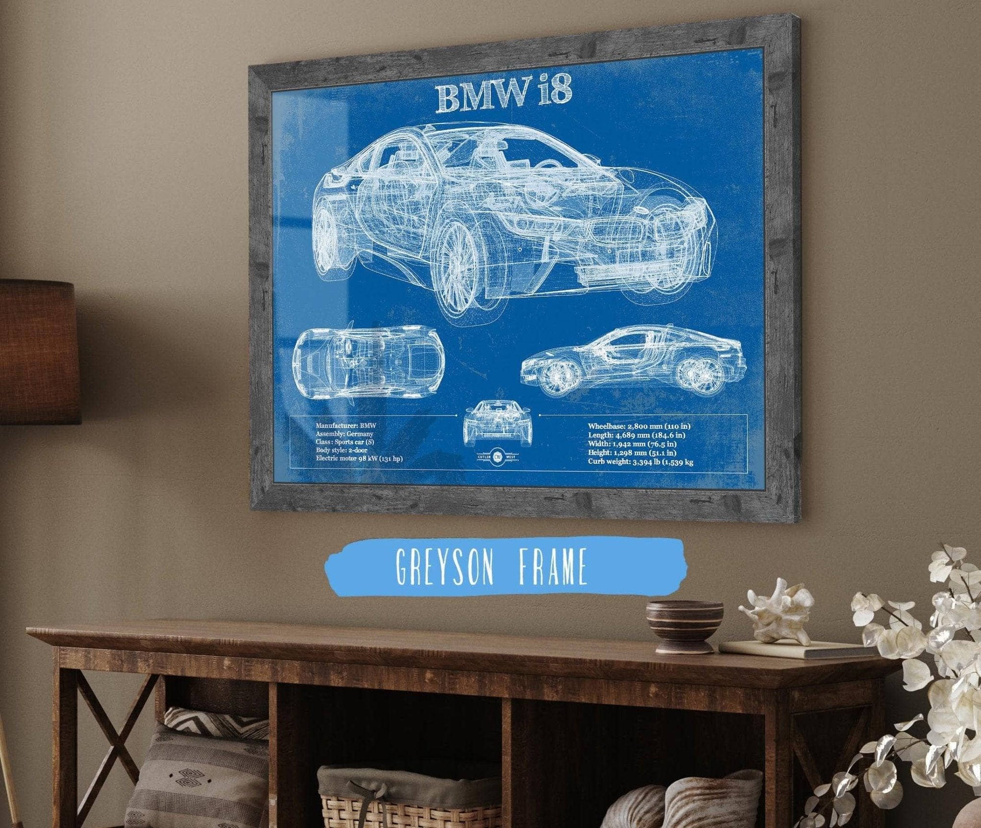 Cutler West Vehicle Collection 24" x 18" / Greyson Frame BMW I8 Vintage Blueprint Auto Print 945000335_47842