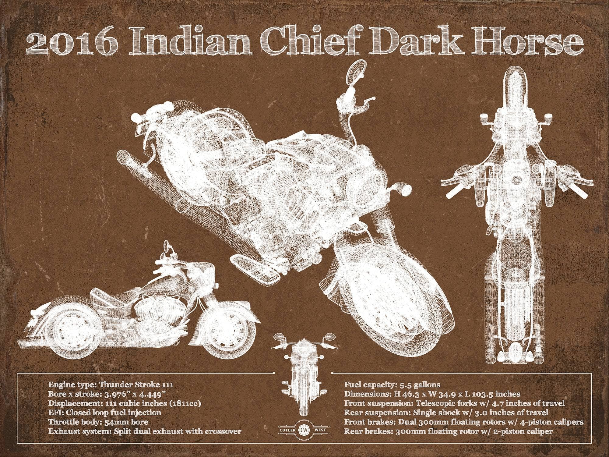 Cutler West 14" x 11" / Unframed 2016-2019 Indian Chief Dark Horse Motorcycle Patent Print 933311134_40157