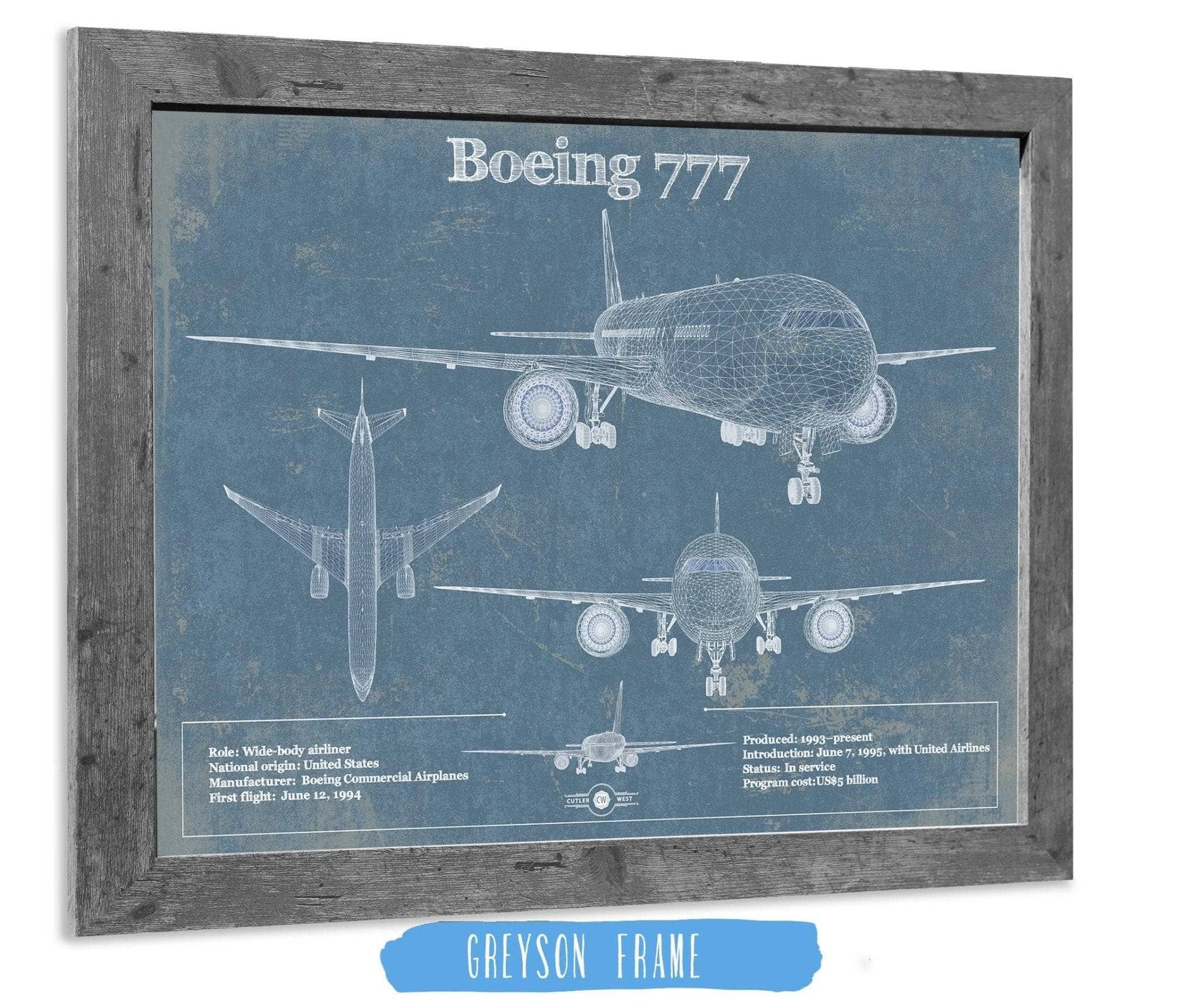 Cutler West Boeing Collection 14" x 11" / Greyson Frame Boeing 777 Vintage Aviation Blueprint Print - Custom Pilot Name Can Be Added 833447921-TOP