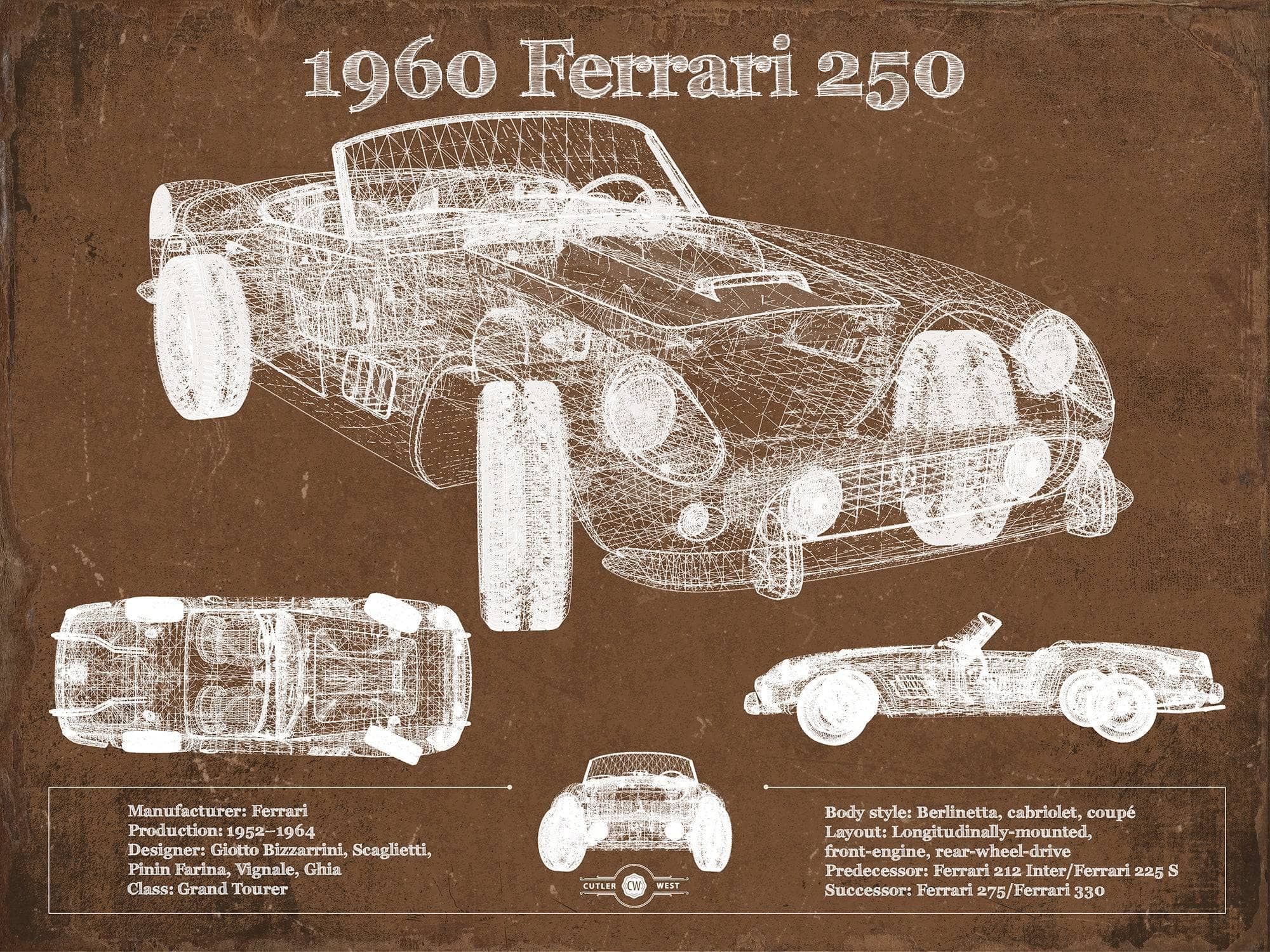 Cutler West Ferrari Collection 14" x 11" / Unframed 1960 Ferrari 250 Vintage Blueprint Auto Print 933350034_10093