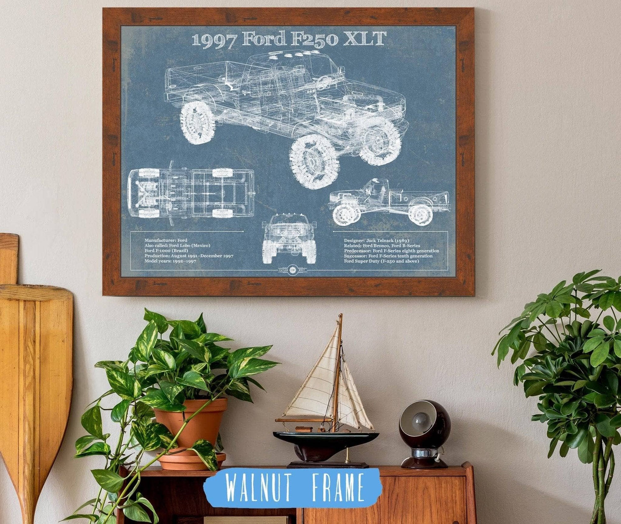 Cutler West Ford Collection 14" x 11" / Walnut Frame 1997 Ford F250 XLT Vintage Blueprint Auto Print 933311047_39434
