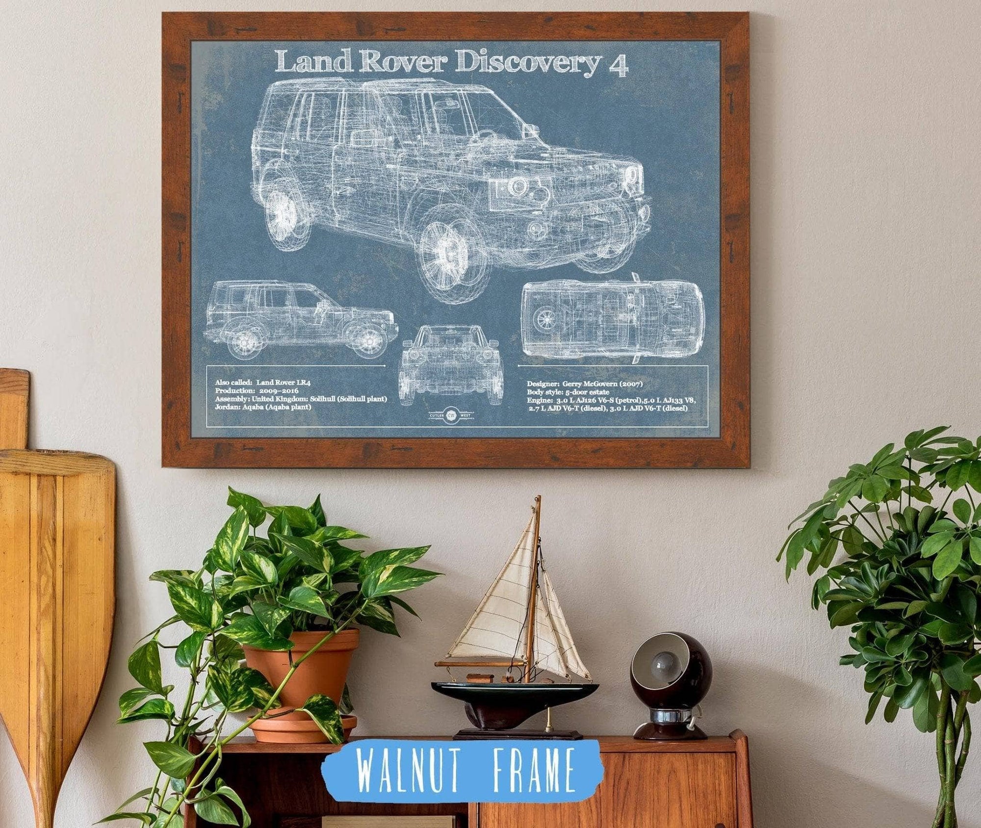 Cutler West Land Rover Collection 14" x 11" / Walnut Frame Land Rover Discovery 4 Blueprint Vintage Auto Patent Print 906705570