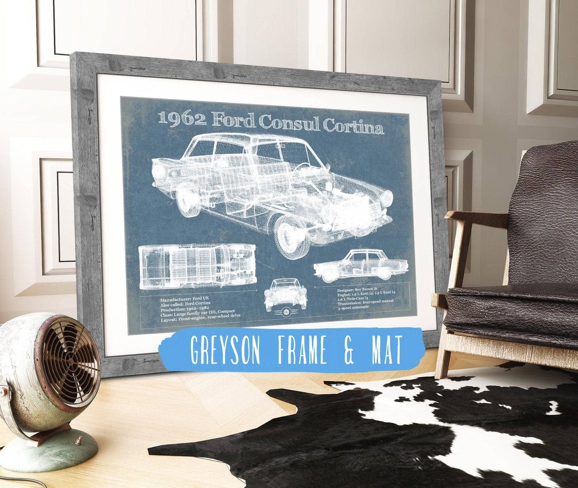 Cutler West Ford Collection 14" x 11" / Greyson Frame & Mat 1962 Ford Consul Cortina Mark I Original Blueprint Art 933311140_34621