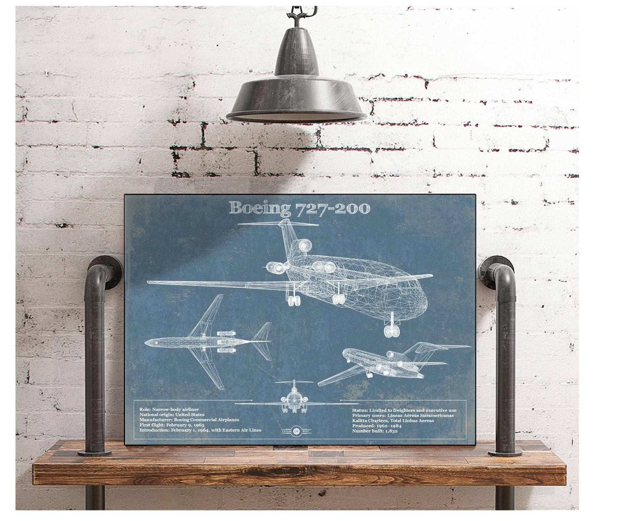 Cutler West Boeing Collection Boeing 727-200 Vintage Aviation Blueprint Print - Custom Pilot Name Can Be Added