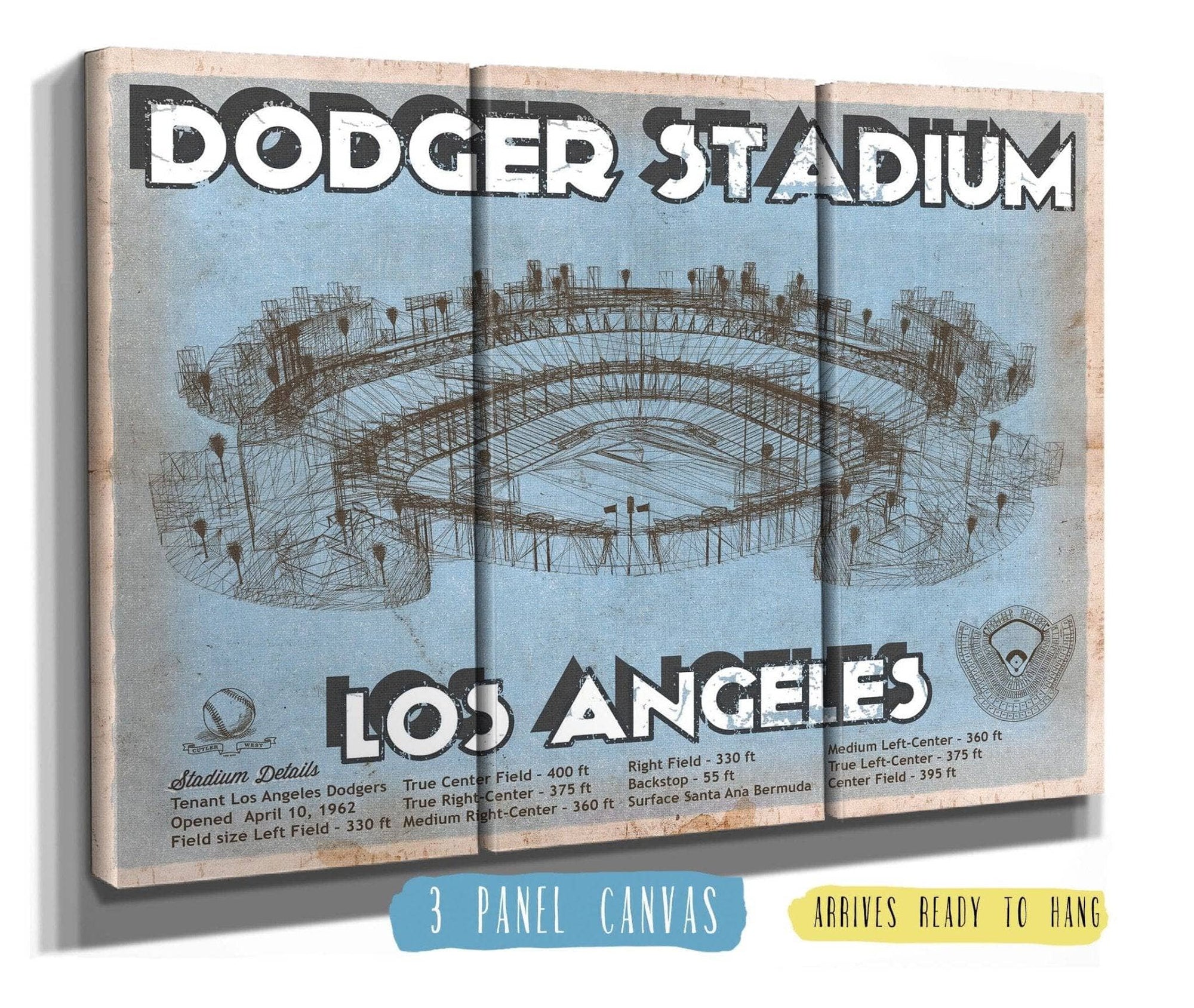 Cutler West Baseball Collection 48" x 32" / 3 Panel Canvas Wrap Vintage LA Dodgers Stadium Blueprint Baseball Print 716398839-48"-x-32"58225