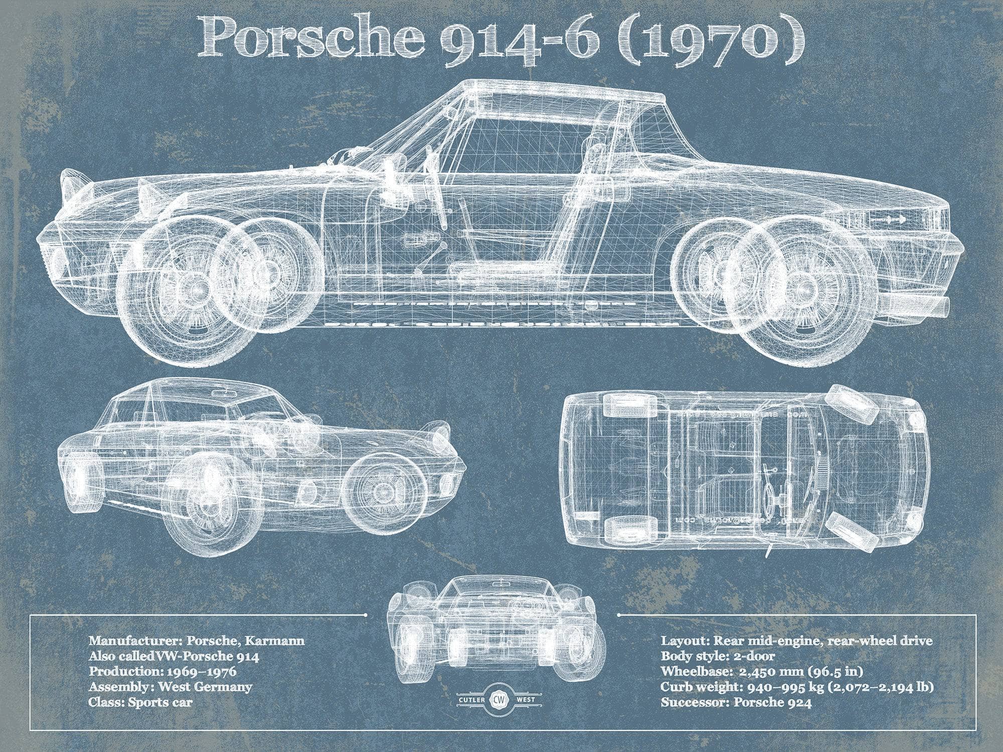 Cutler West Porsche Collection 14" x 11" / Unframed 1970 Porsche 914-6 Vintage Blueprint Auto Print 833110061_12068
