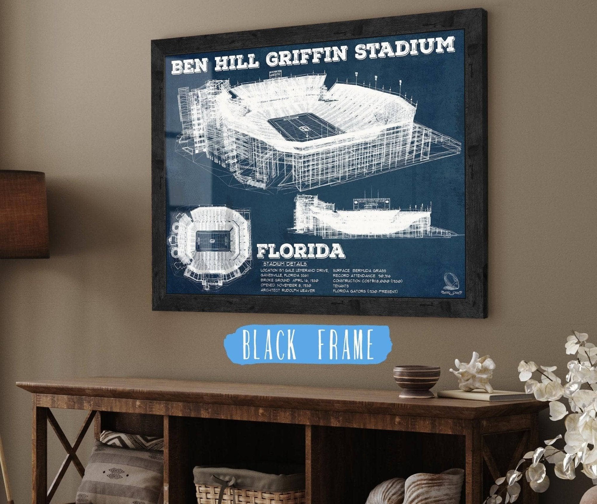 Cutler West Best Selling Collection 14" x 11" / Black Frame Ben Hill Griffin Stadium Art - University of Florida Gators Vintage Stadium & Blueprint Art Print 736879125_60156