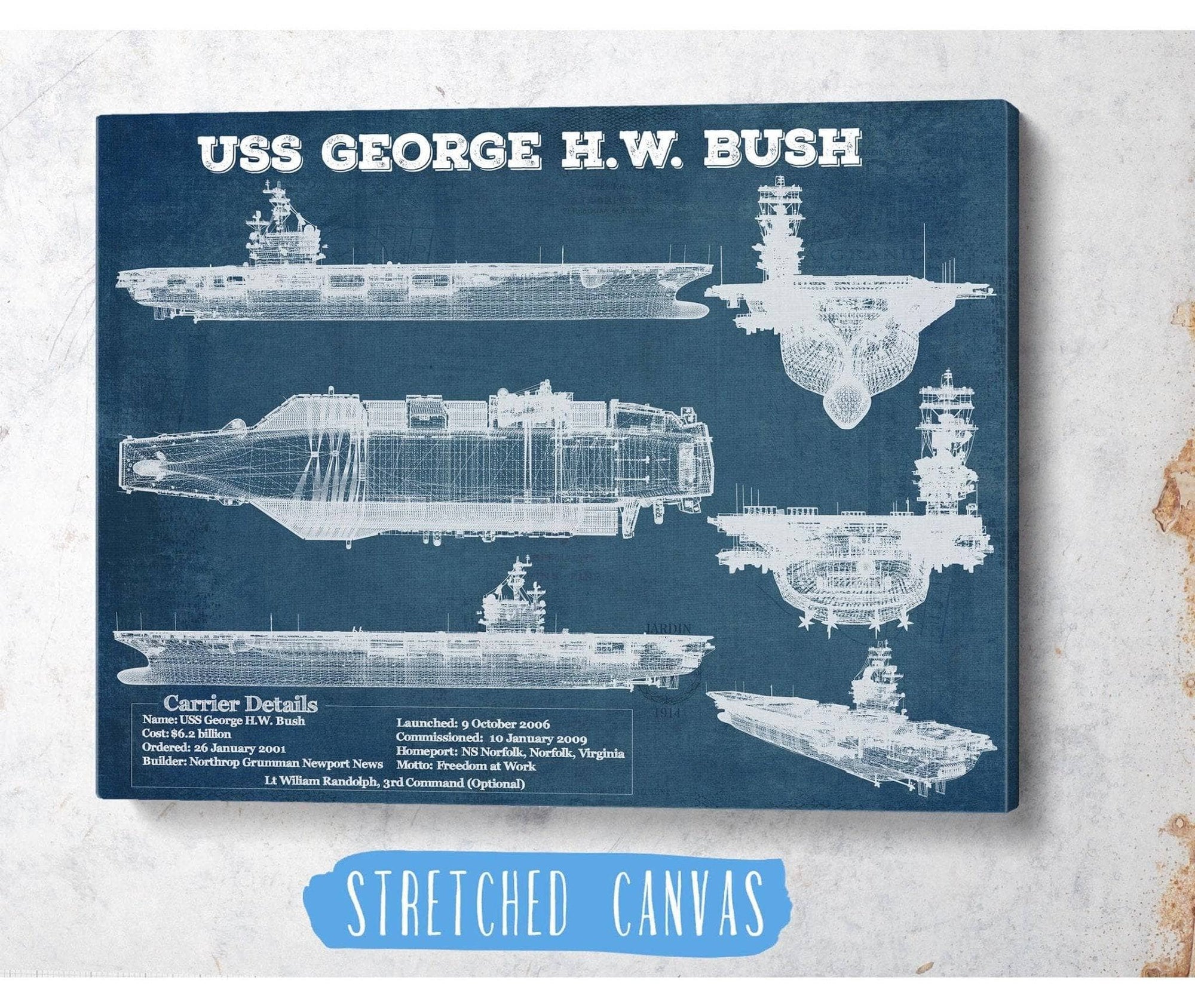 Cutler West Naval Military USS George H.W. Bush Aircraft Carrier Blueprint Original Military Wall Art - Customizable