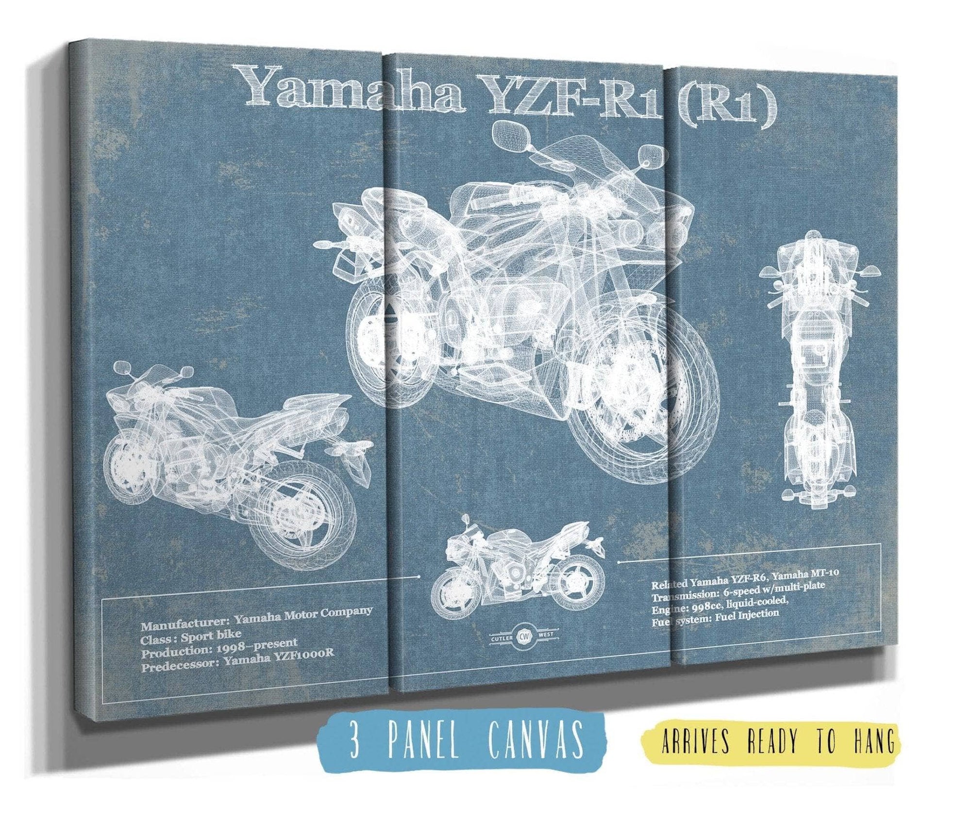 Cutler West 48" x 32" / 3 Panel Canvas Wrap Yamaha YZF-R1 (R1) Blueprint Motorcycle Patent Print 888114587-48"-x-32"5325