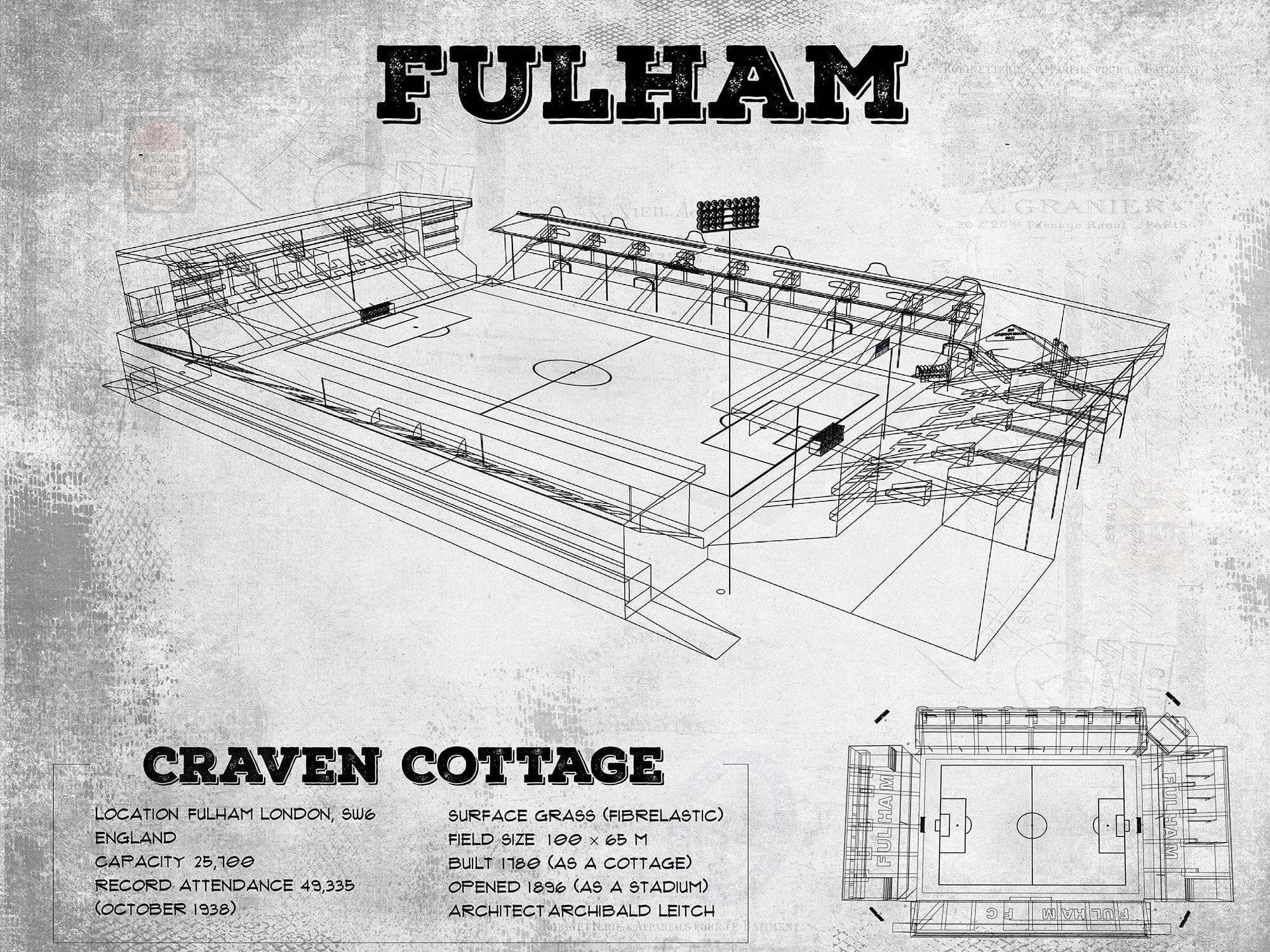 Cutler West Soccer Collection 14" x 11" / Unframed Fulham Football Club Craven Cottage Vintage Soccer Print 737087842_66705