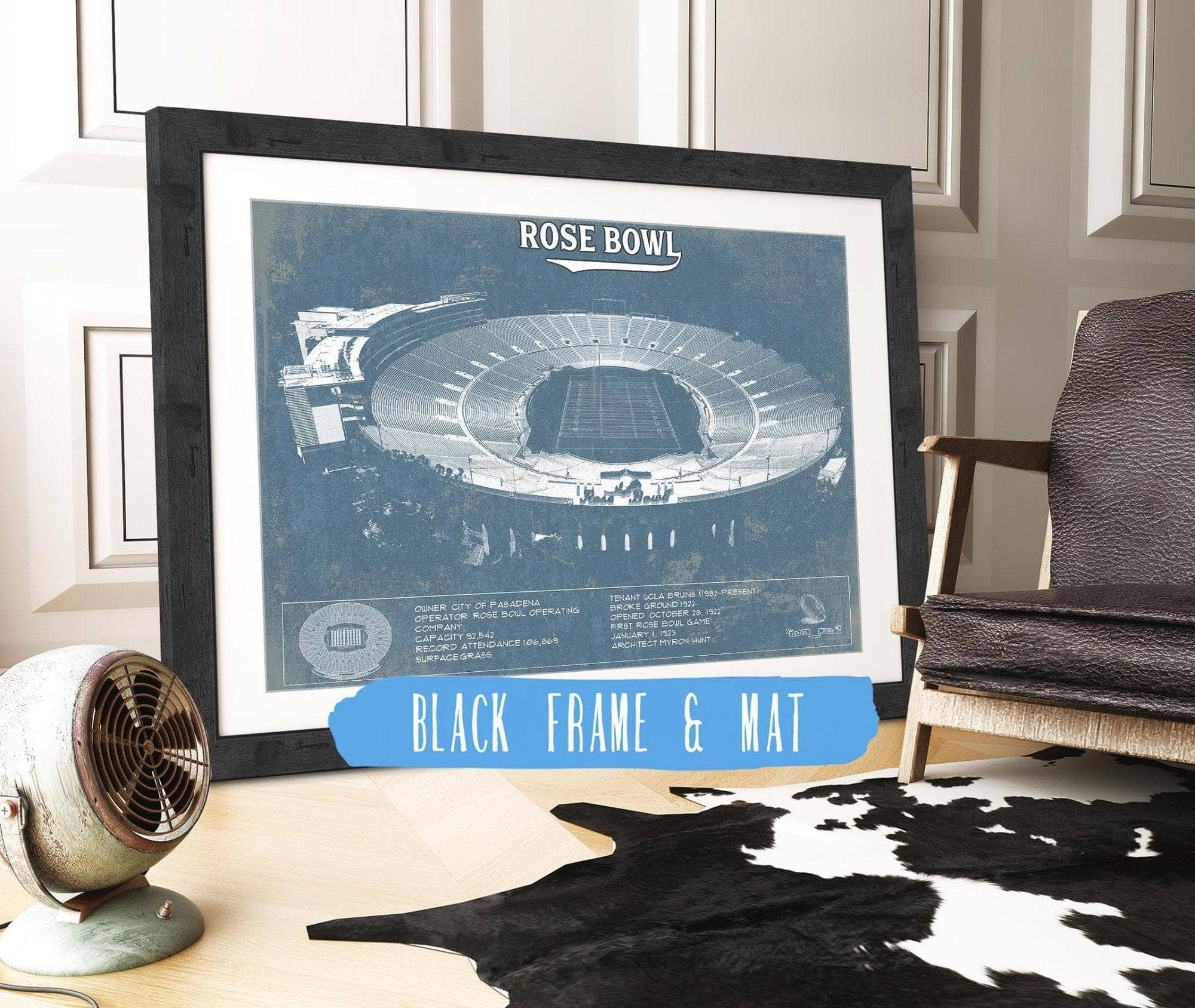 Cutler West College Football Collection 14" x 11" / Black Frame & Mat UCLA Bruins Art - Rose Bowl Vintage Stadium Blueprint Art Print 640142750_22884