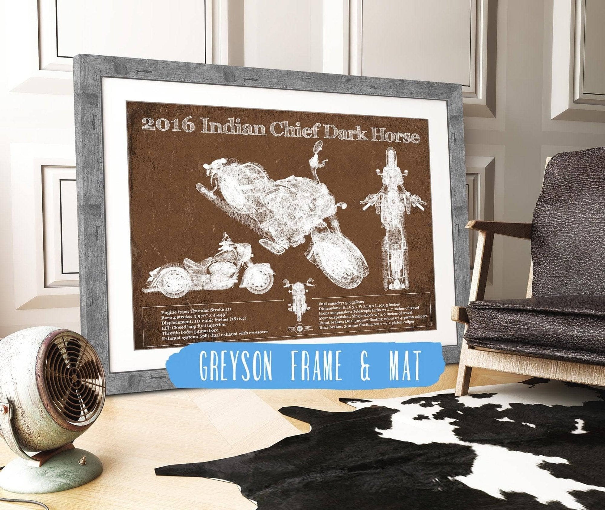Cutler West 14" x 11" / Greyson Frame & Mat 2016-2019 Indian Chief Dark Horse Motorcycle Patent Print 933311134_40165