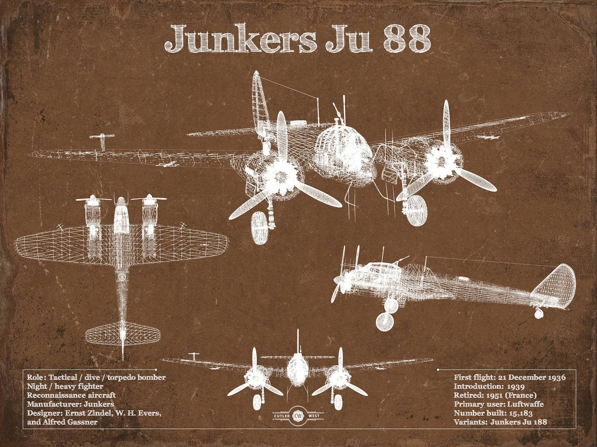 Cutler West Military Aircraft 14" x 11" / Unframed Junkers Ju 88 WWII Combat Aircraft Vintage Blueprint Original Military Wall Art 933350048_16292