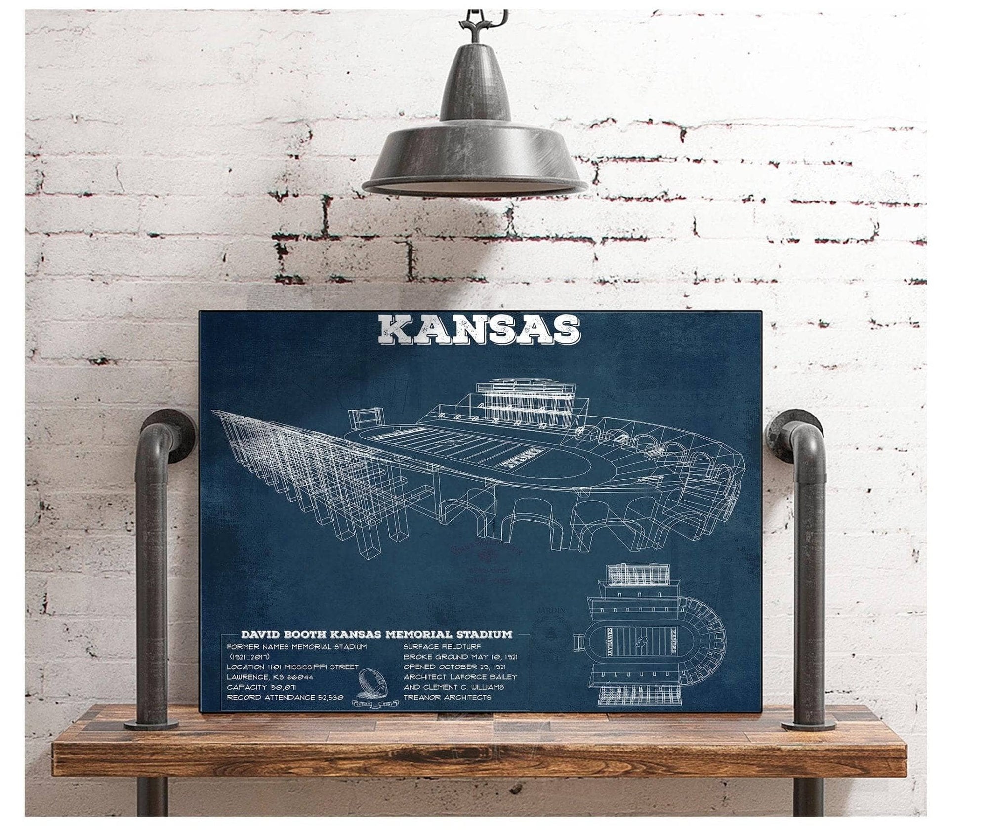 Cutler West College Football Collection Vintage Kansas Jayhawks Art - Kansas Memorial Stadium Blueprint Football Print
