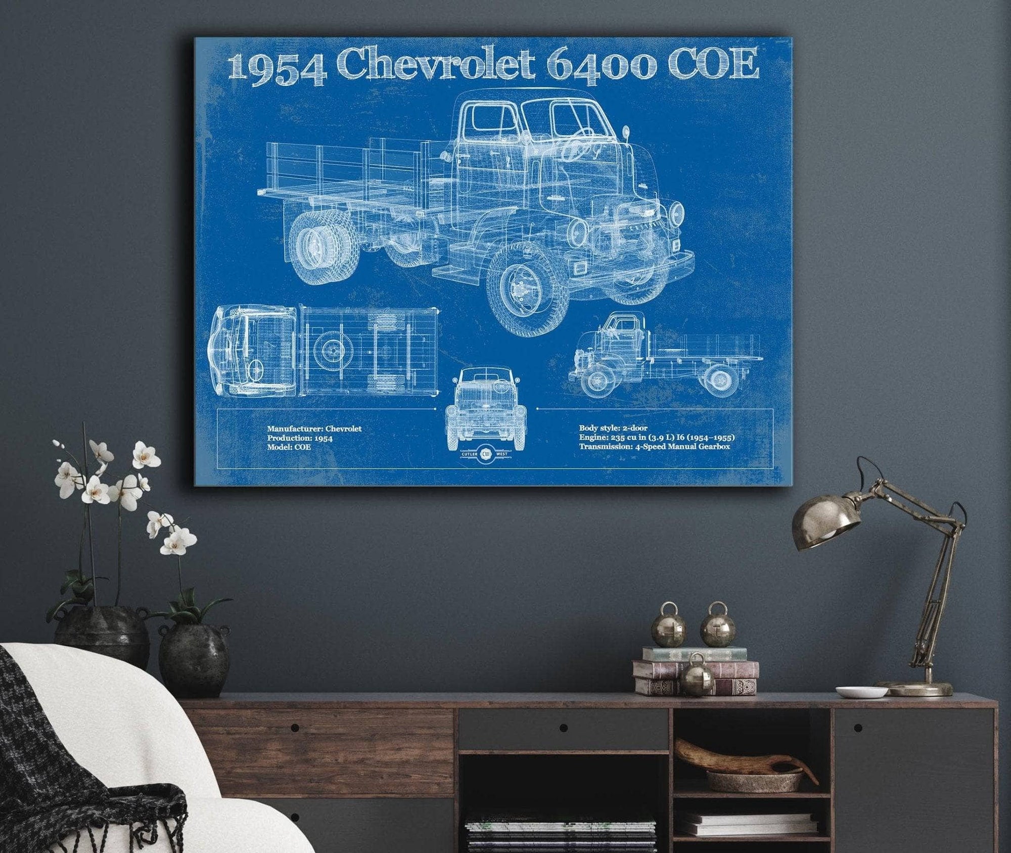 Cutler West Chevrolet Collection Chevy 6400 COE 1954 Flat Bed Truck Vintage Blueprint Art