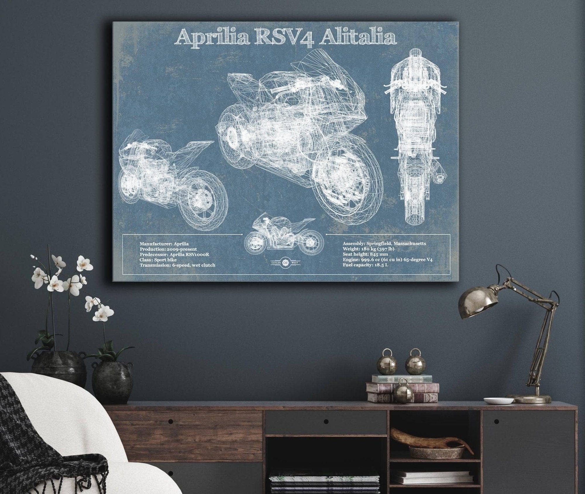 Cutler West Aprilia RSV4 Alitalia Blueprint Motorcycle Patent Print