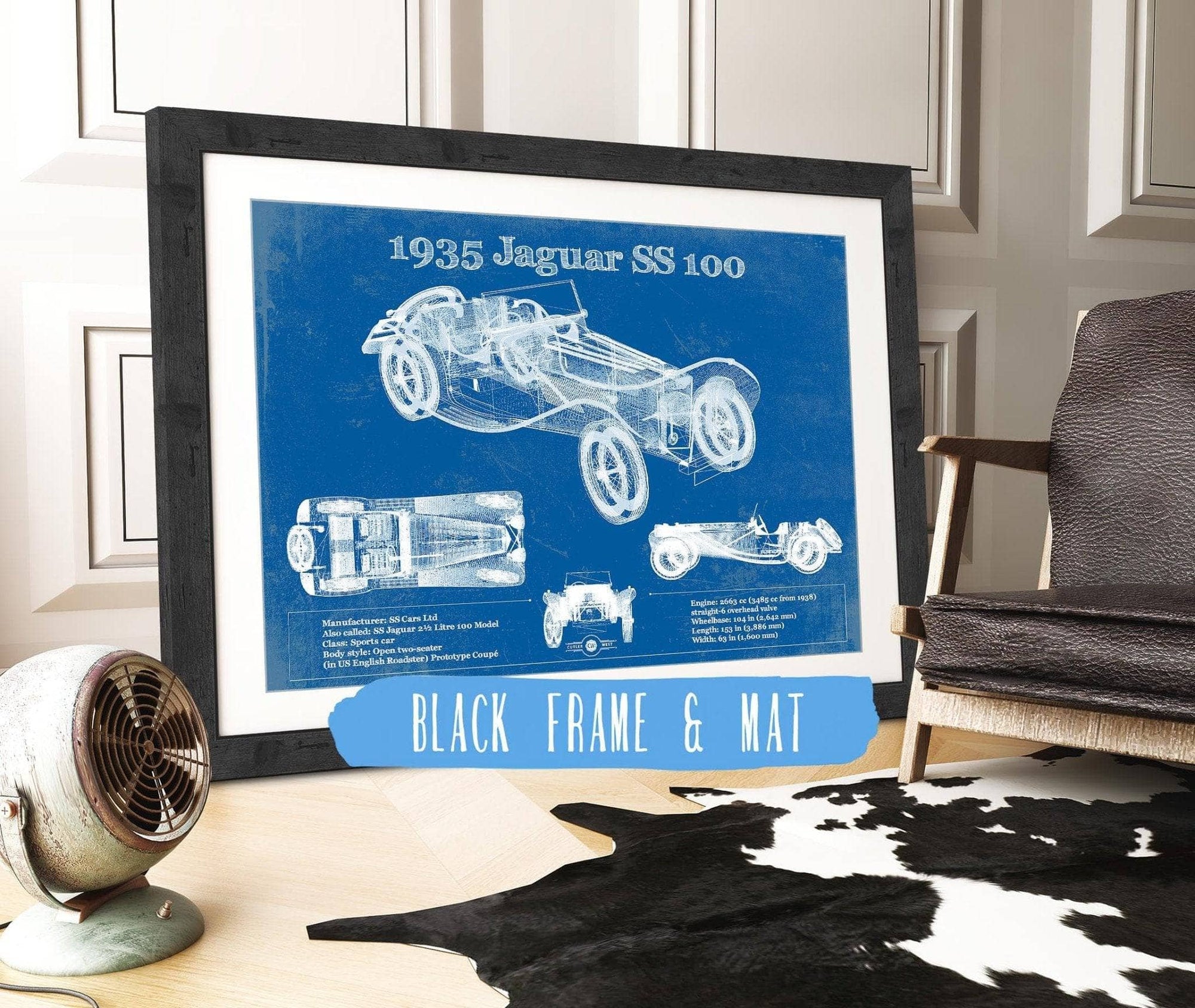 Cutler West Jaguar Collection 14" x 11" / Black Frame & Mat 1935 Jaguar SS 100 Blueprint Vintage Auto Print 933350049_22752
