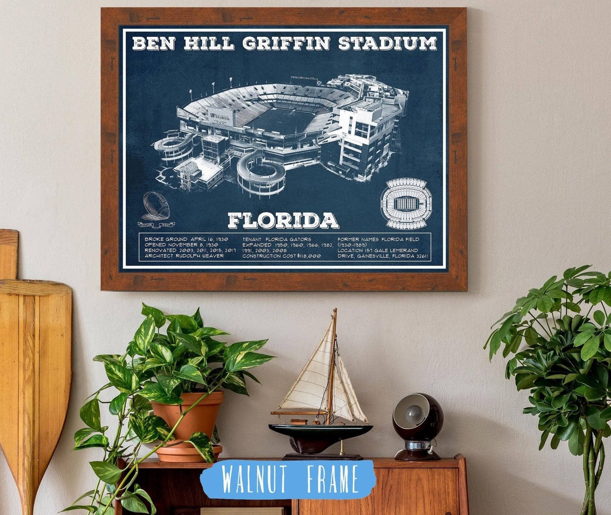 Cutler West Pro Football Collection 14" x 11" / Walnut Frame Ben Hill Griffin Stadium Art - University of Florida Gators Vintage Stadium Art Print 736879125_35276