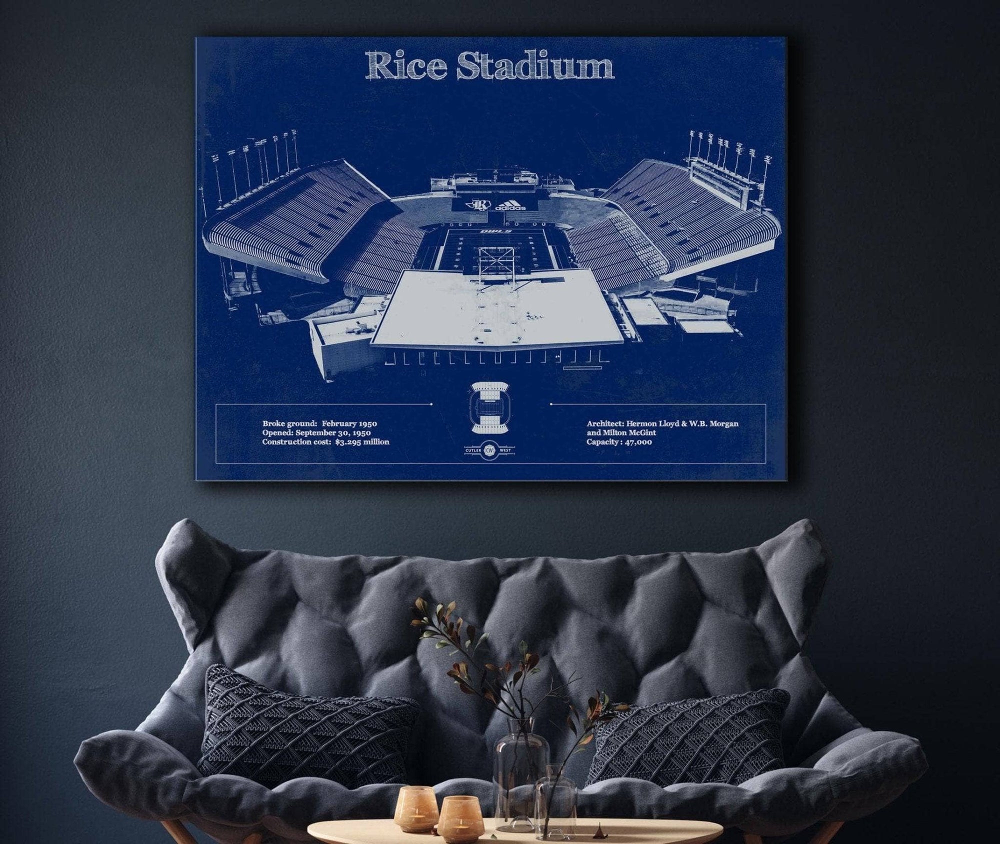 Cutler West College Football Collection Rice Owls Wall Art - Vintage Rice Stadium Blueprint Art Print