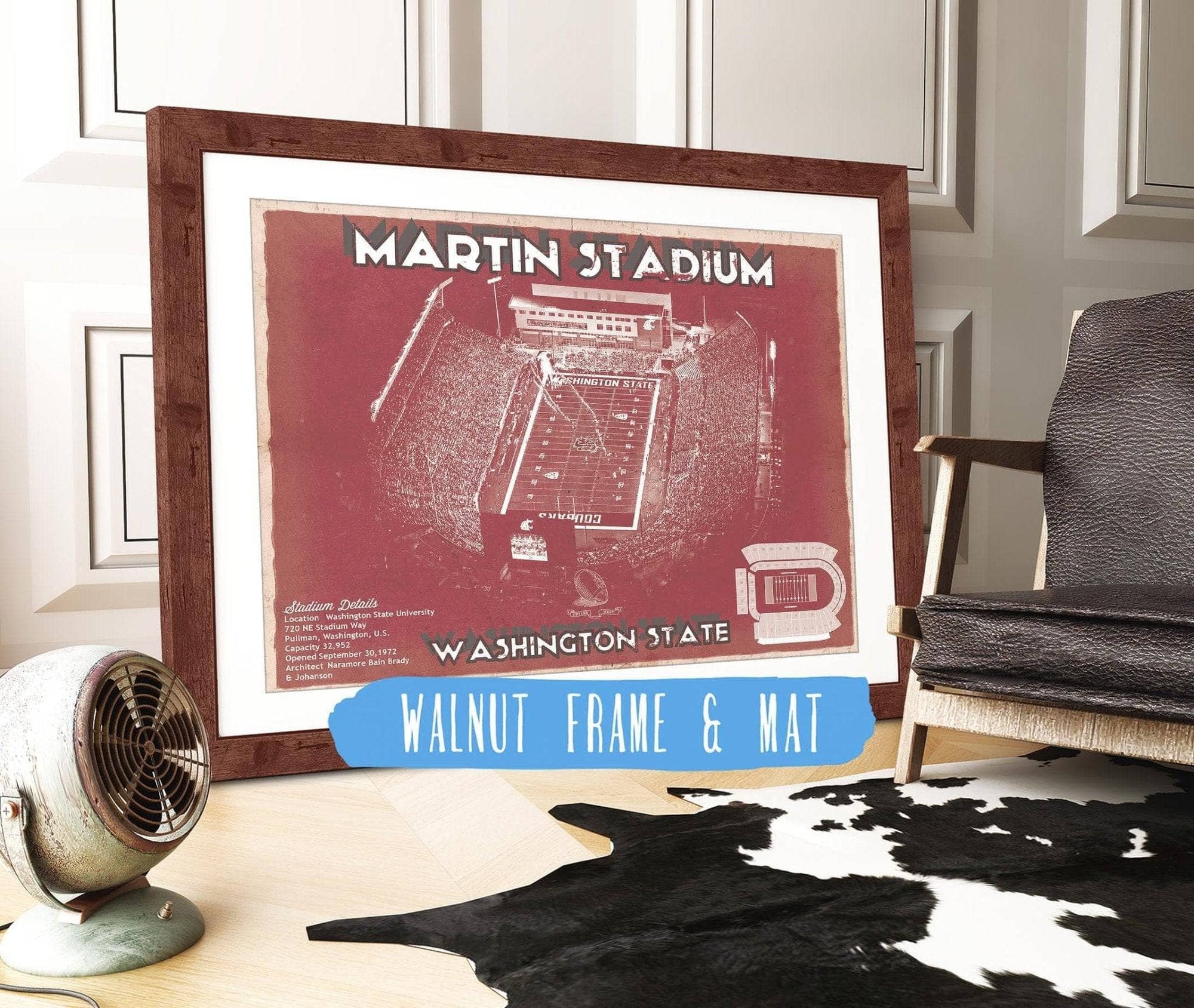 Cutler West 14" x 11" / Walnut Frame & Mat Washington State Cougars Martin Stadium Team Color Vintage Art Print 743545490-14"-x-11"4031