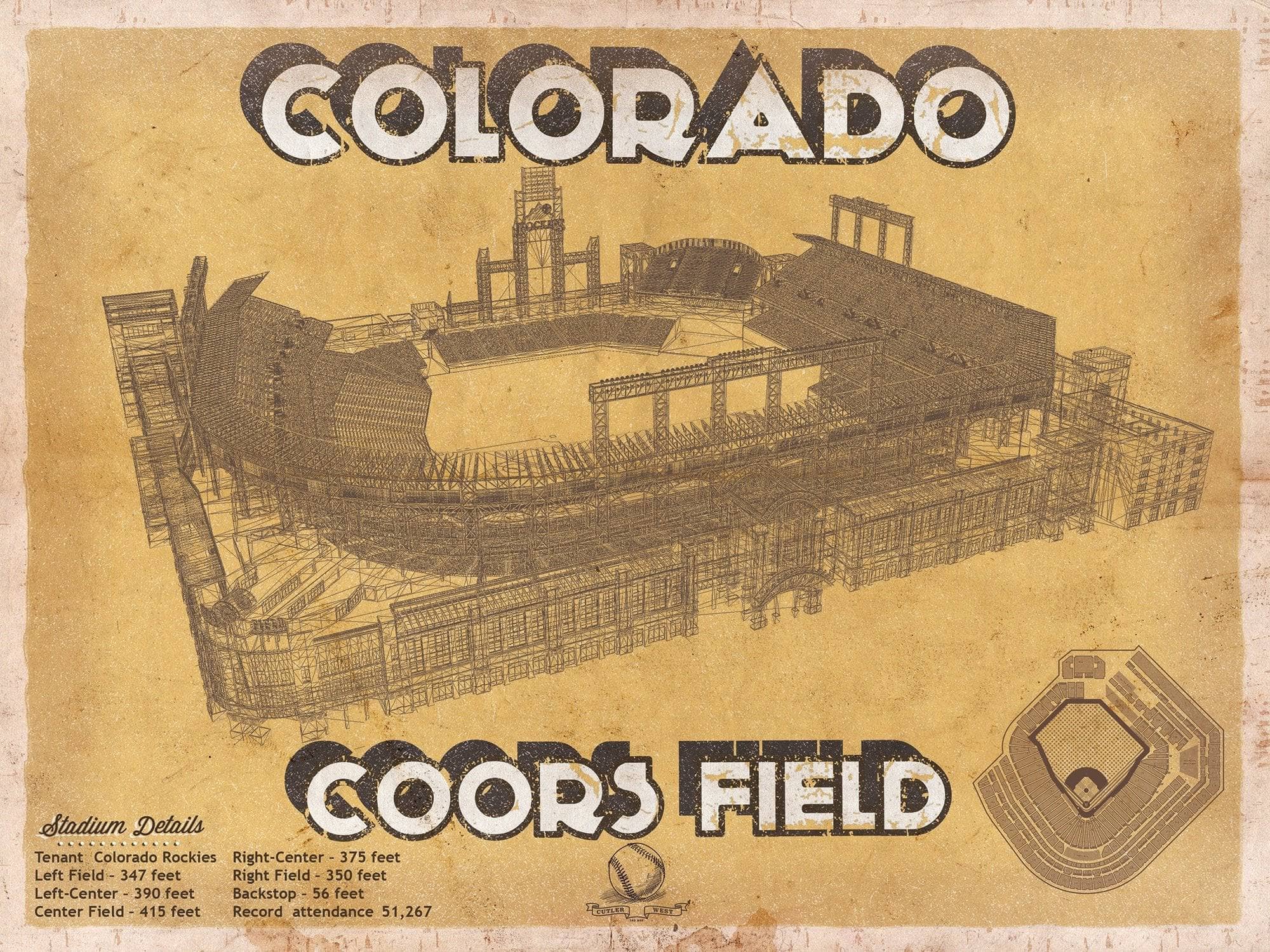 Cutler West Baseball Collection 14" x 11" / Unframed Colorado Rockies Coors Field - Vintage Baseball Fan Print 701938734_54083