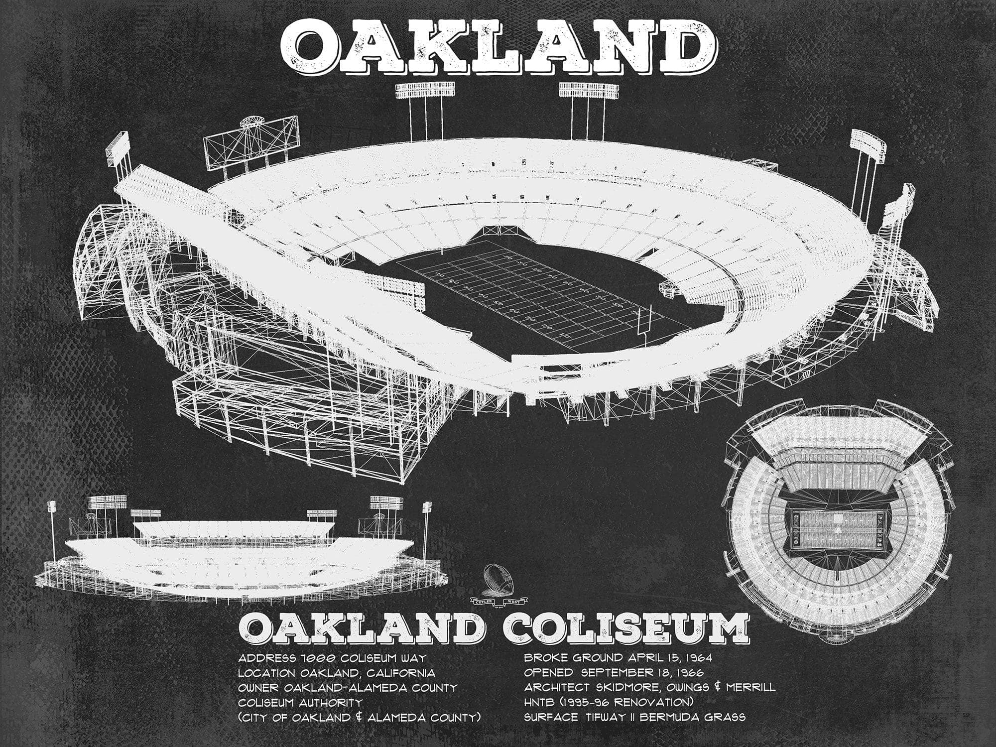 Cutler West Pro Football Collection 14" x 11" / Unframed Oakland Raiders Team Color Alameda County Coliseum Seating Chart - Vintage Football Print 920787395-TOP_70493