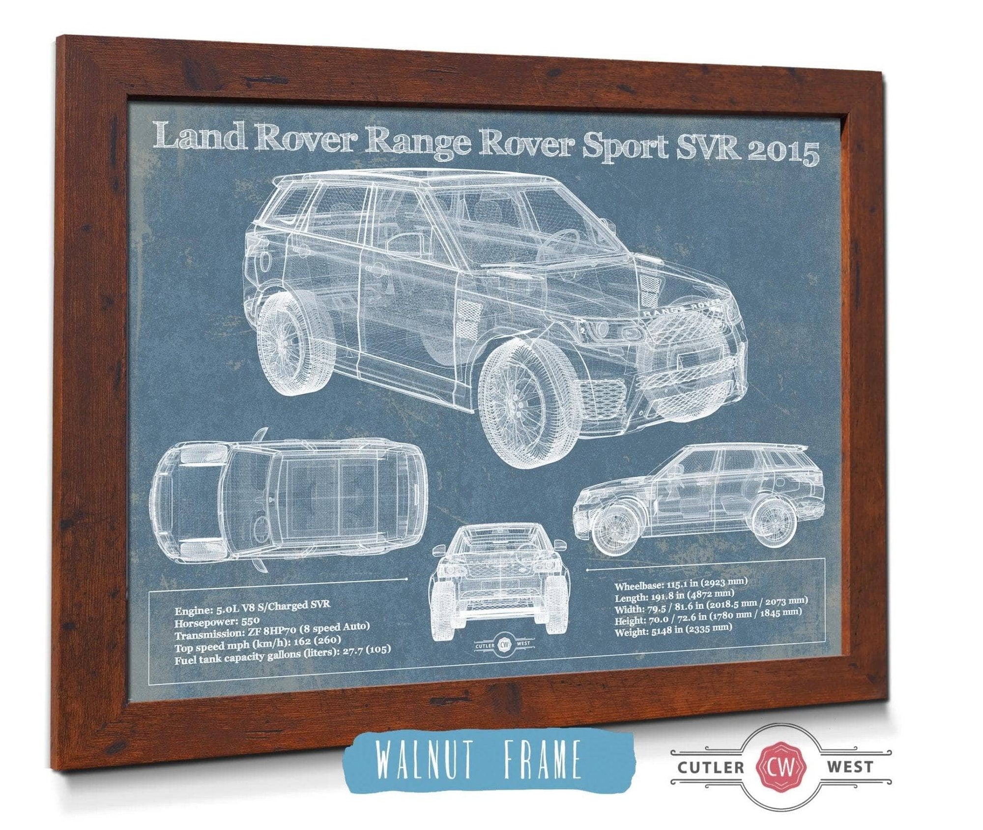 Cutler West Land Rover Collection 14" x 11" / Walnut Frame Land Rover Range Rover Sport SVR 2015 Vintage Blueprint Auto Print 833110165_13523